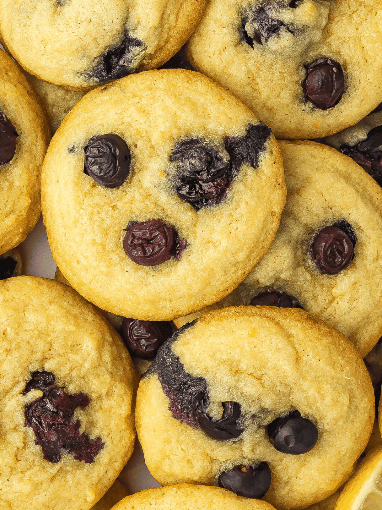 Lemon blueberry cookies arranged on a white ceramic platter, with fresh lemon slices and blueberries scattered around for garnish