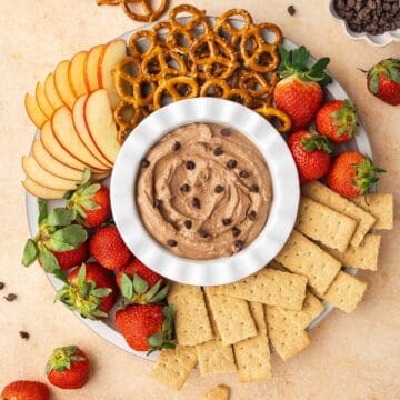 A bowl of creamy brownie batter dip surrounded by various dippers like strawberries, pretzels, apple slices, and graham crackers.