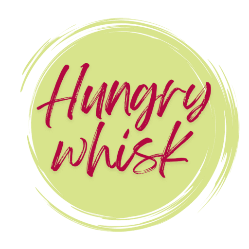 Bright pink Hungry Whisk logo with a fluorescent green circle background