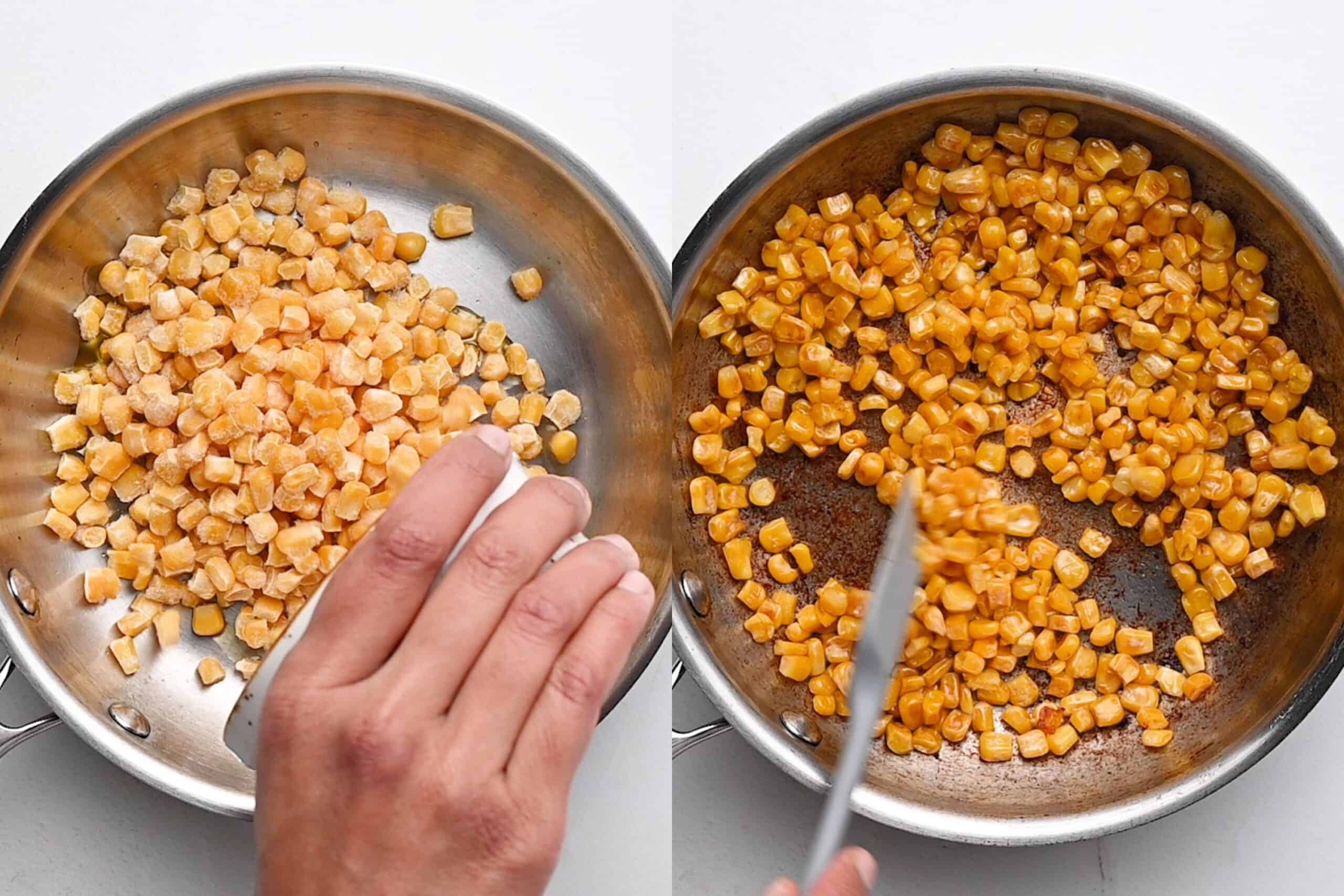 Grilling or roasting corn in a skillet and cooling it.