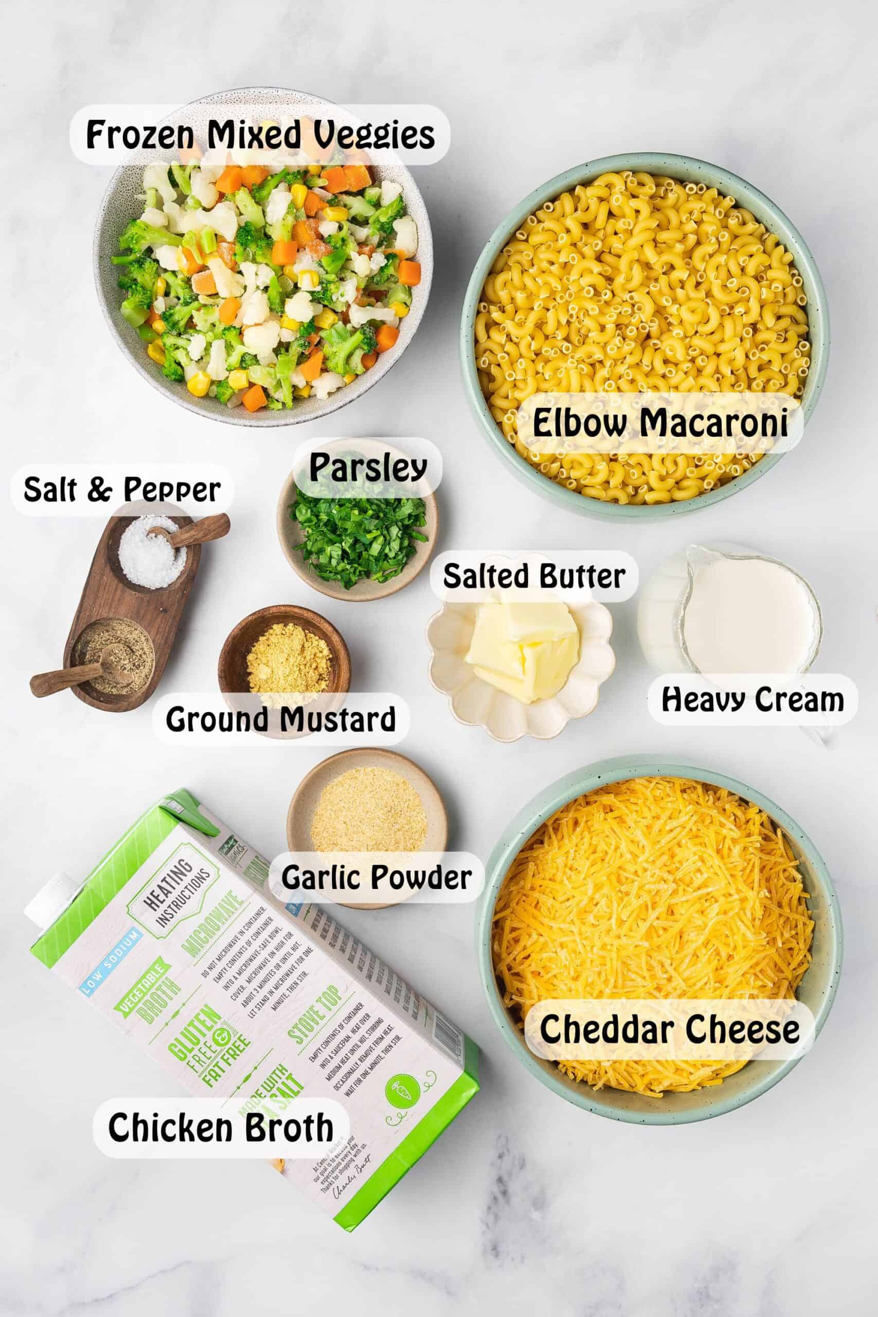 Ingredients for Instant Pot Mac and Cheese with Frozen Veggies – elbow macaroni, cheddar cheese, mixed veggies, and more