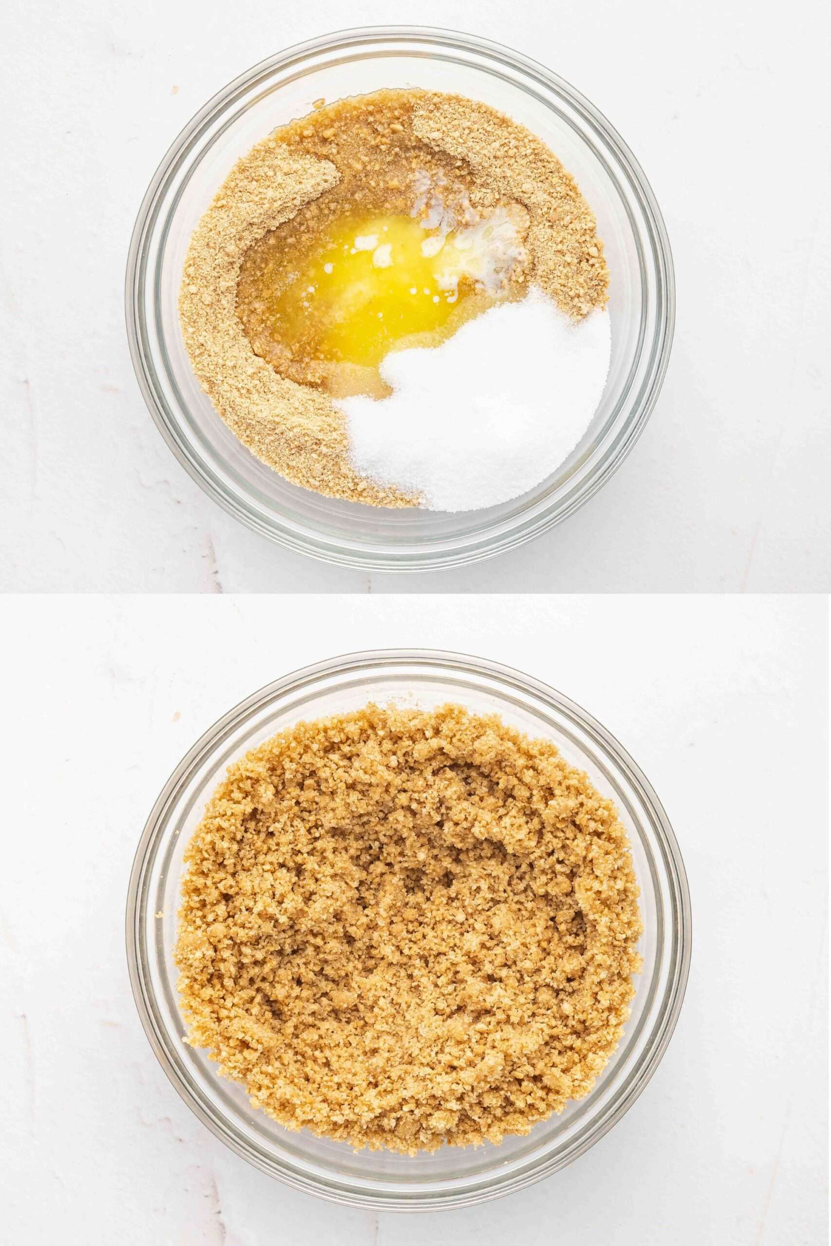 Mixing graham cracker crumbs, sugar, and melted butter in a small bowl.