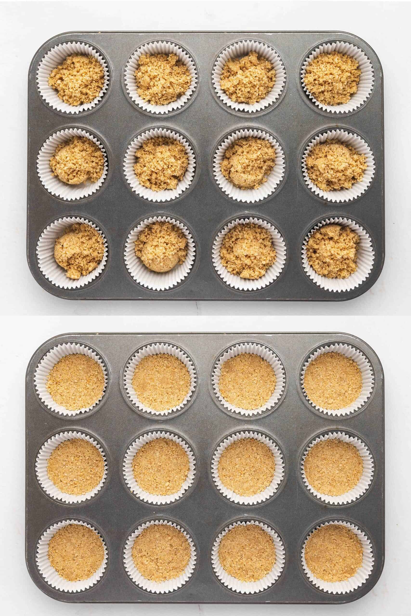 Pressing graham cracker crust mixture into the base of muffin liners.