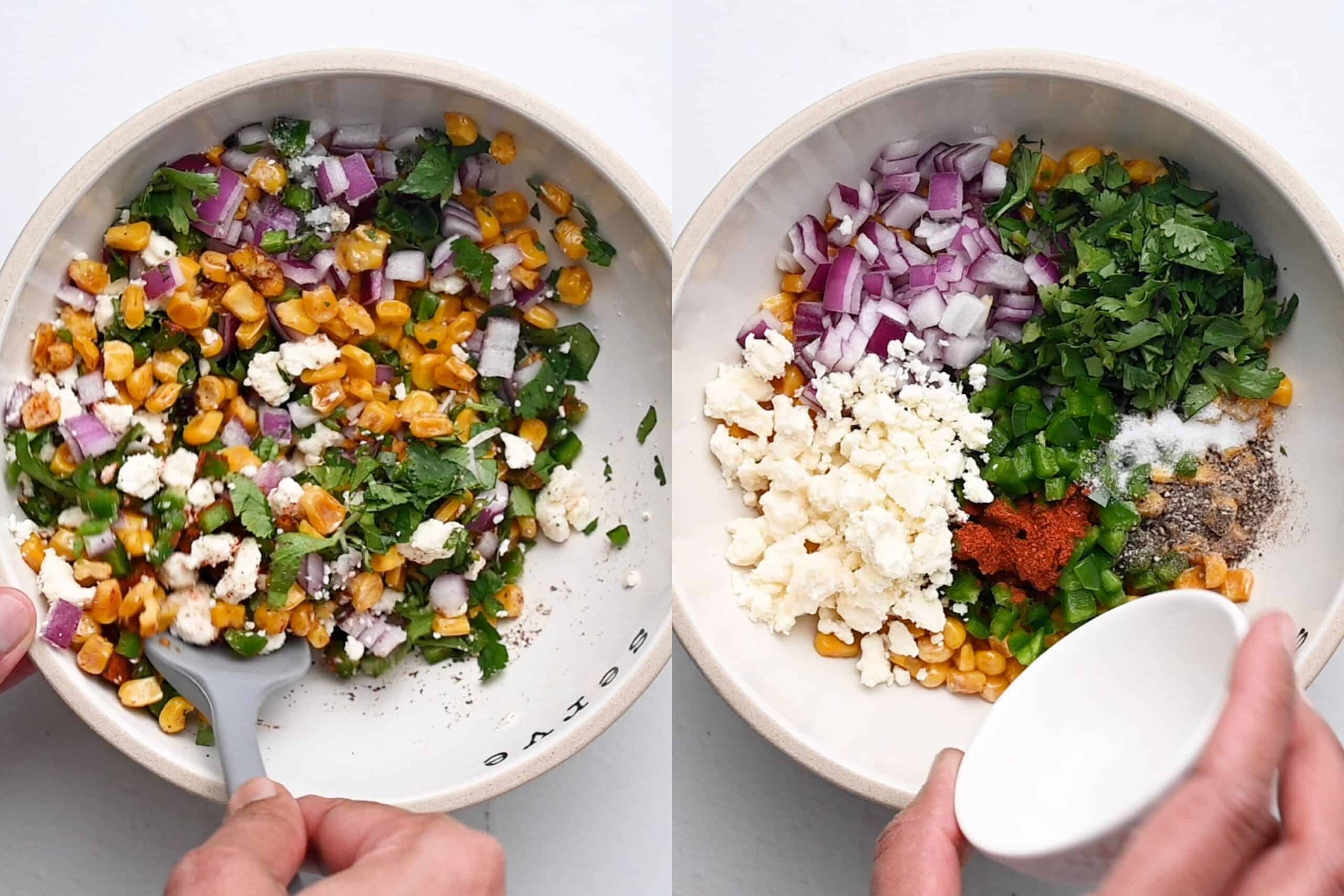 Tossing roasted corn with red onion, cilantro, lime juice, jalapeño, chili powder, and cotija cheese.