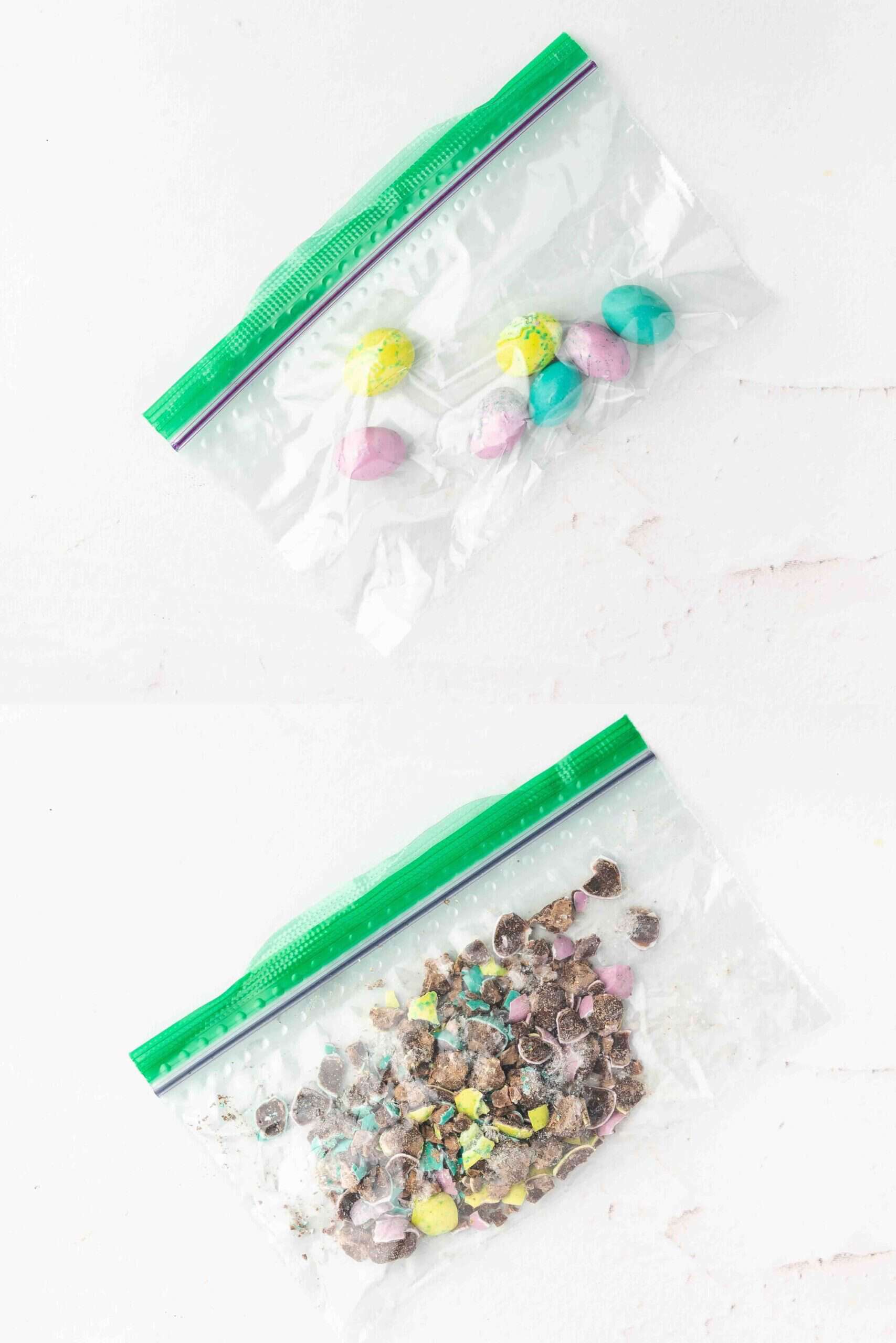 Crushing candy-coated mini chocolate eggs inside a ziplock bag.