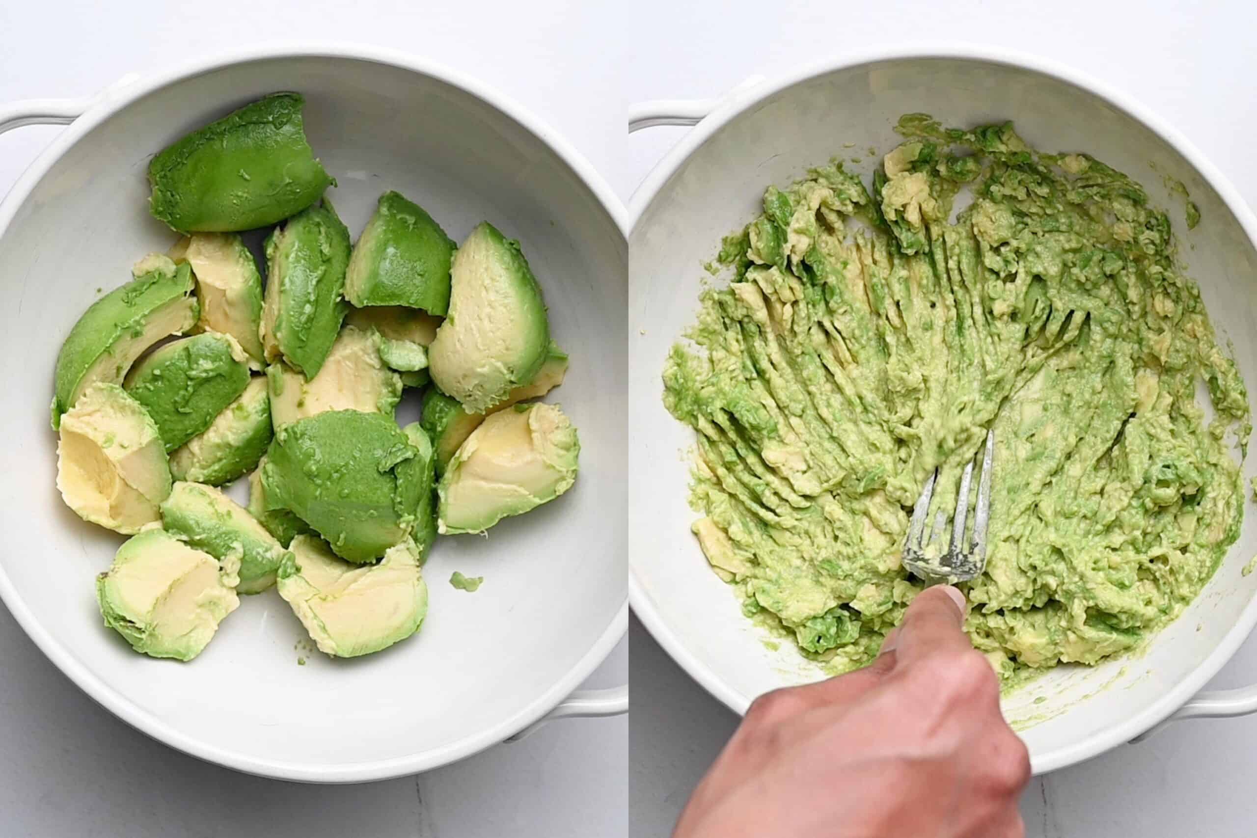 Mashing avocado in a large bowl to make guacamole.