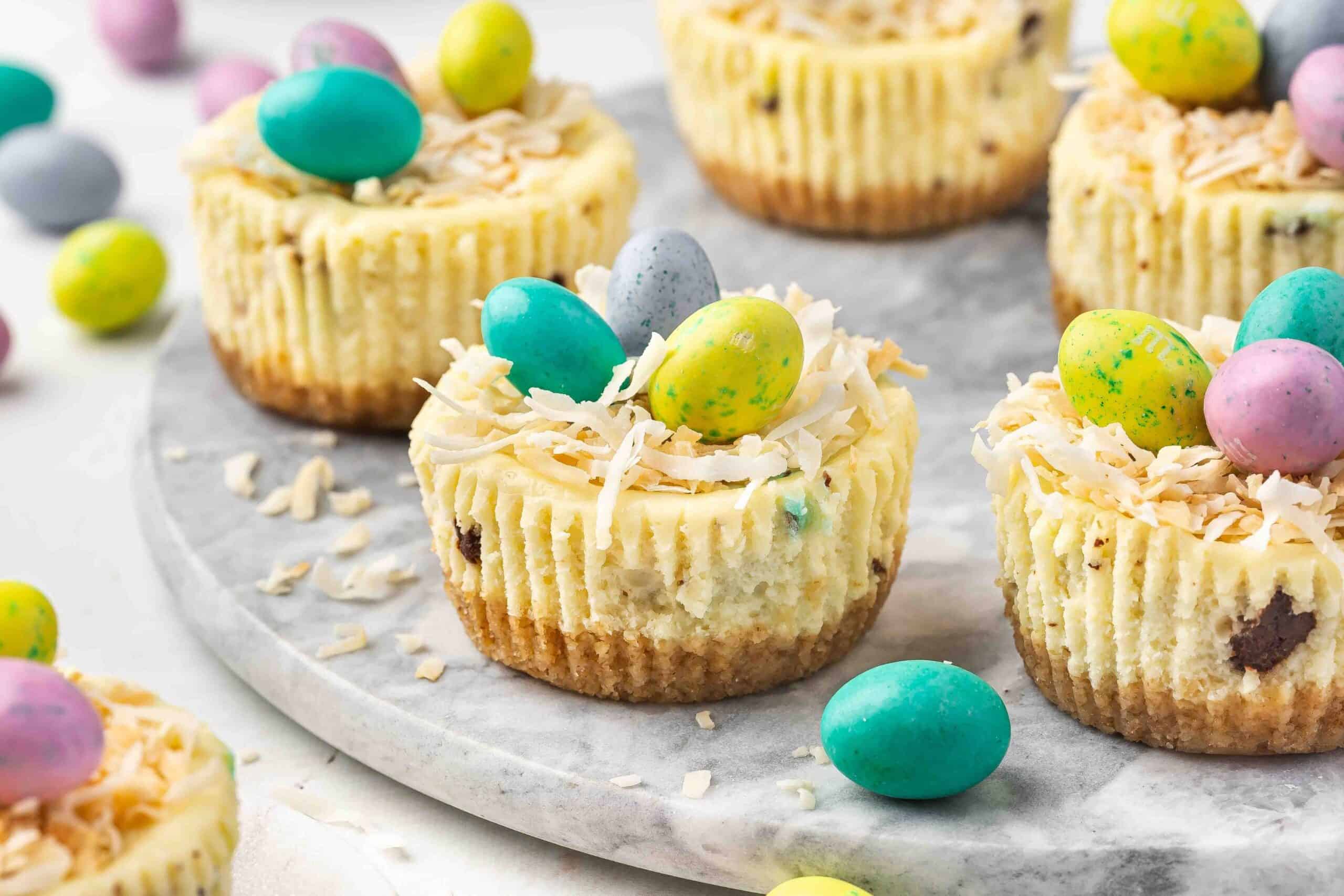 Close-up shot of mini Easter cheesecakes arranged on a serving plate, ready to enjoy.