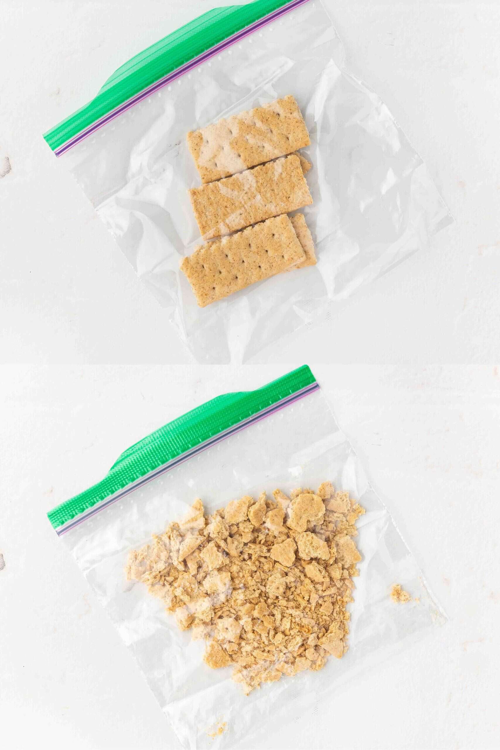 A side-by-side comparison of whole graham crackers and crushed graham cracker crumbs.