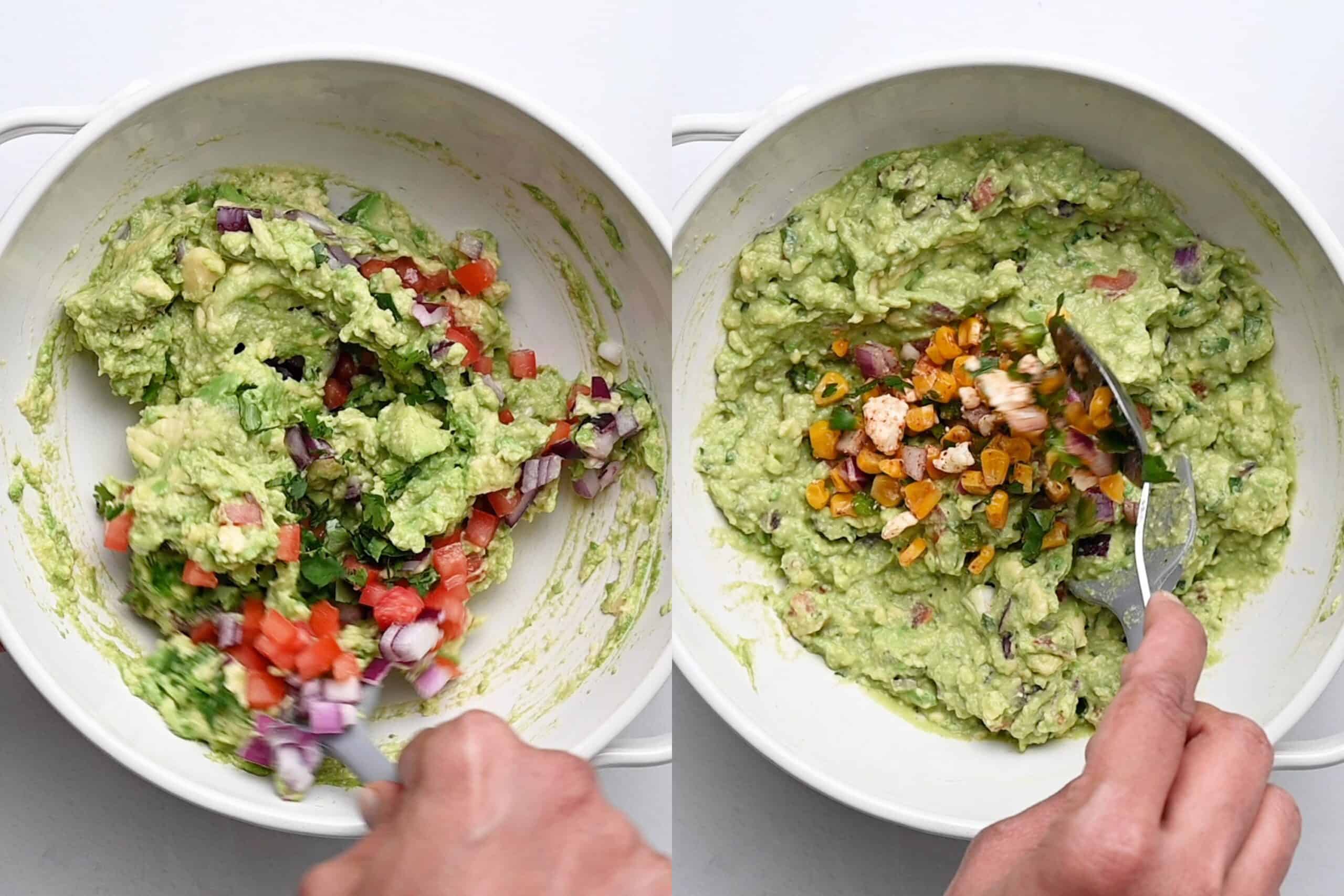 Mixing red onion, tomato, cilantro, lime juice, and seasoning into the mashed avocados.