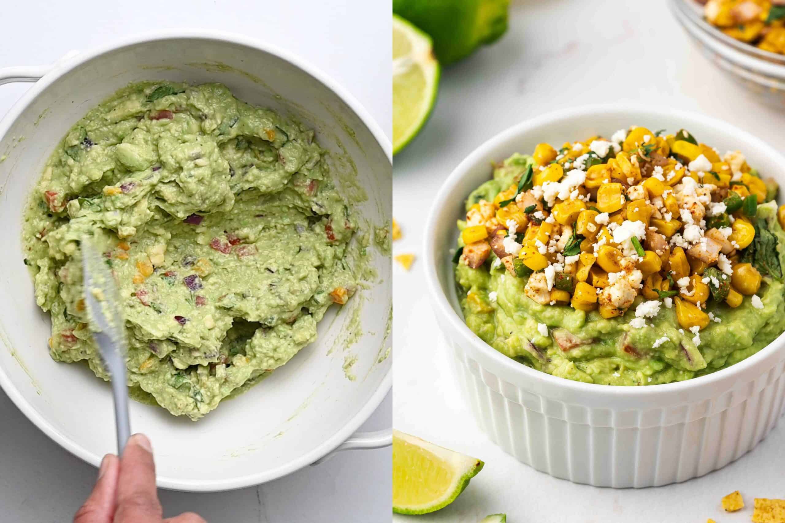 Gently folding the street corn mixture into the guacamole and spreading it in a serving dish, topped with the remaining street corn.