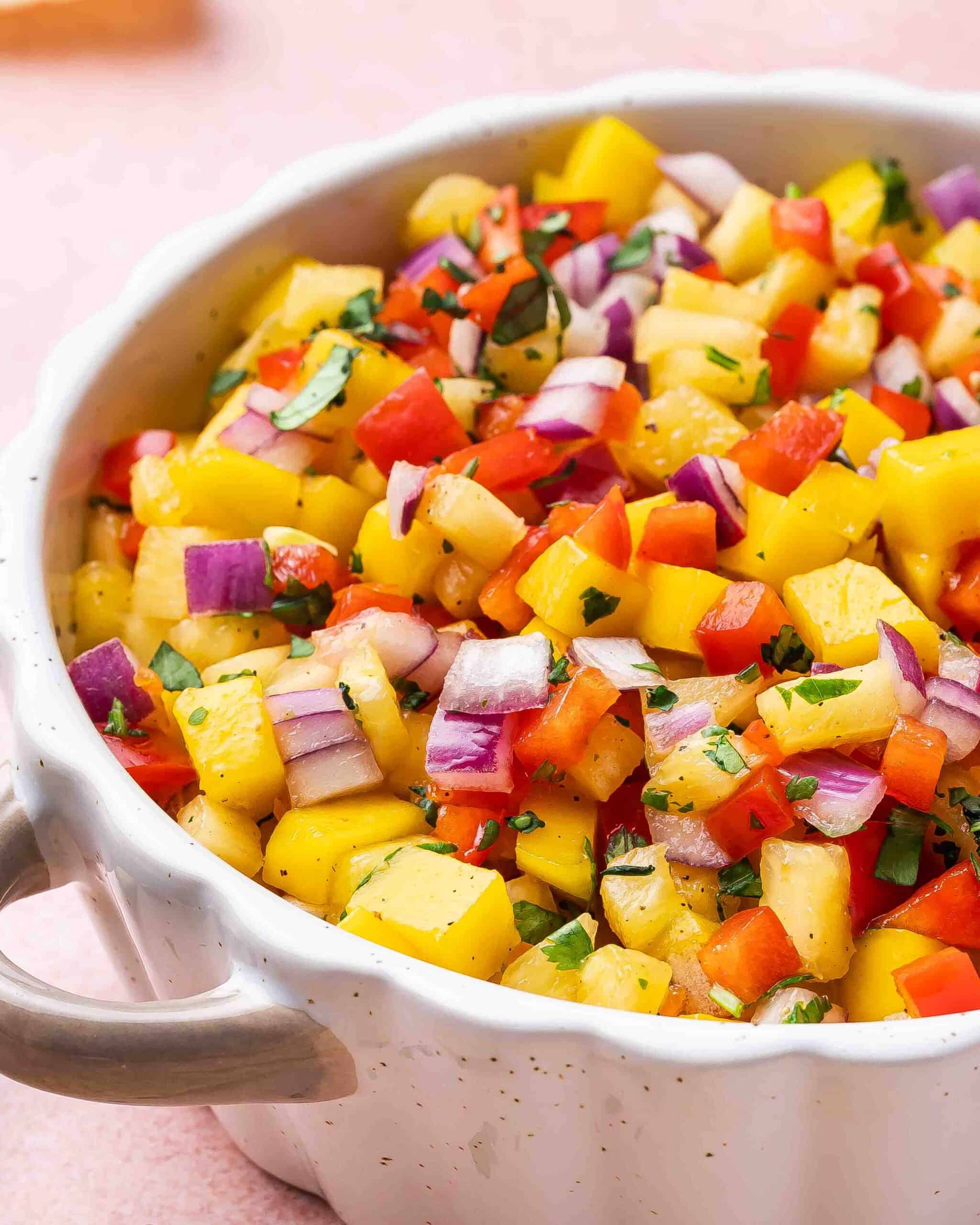 Close-up of Mango Pineapple Habanero Salsa in a bowl.