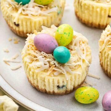 Mini Easter cheesecakes arranged on a decorative serving plate with bright candy eggs on top.