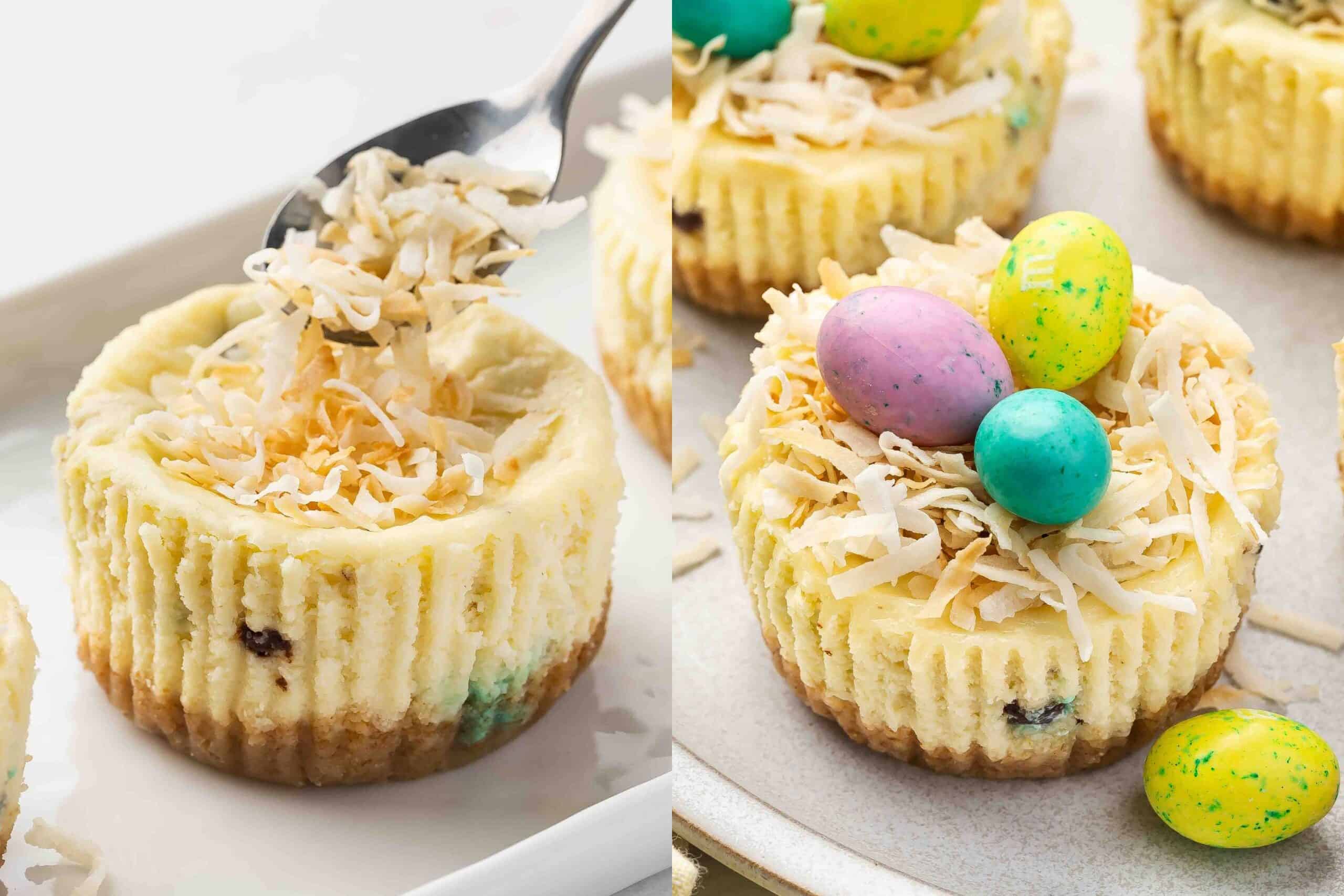 Sprinkling toasted coconut flakes on a mini Easter cheesecake for a festive touch.