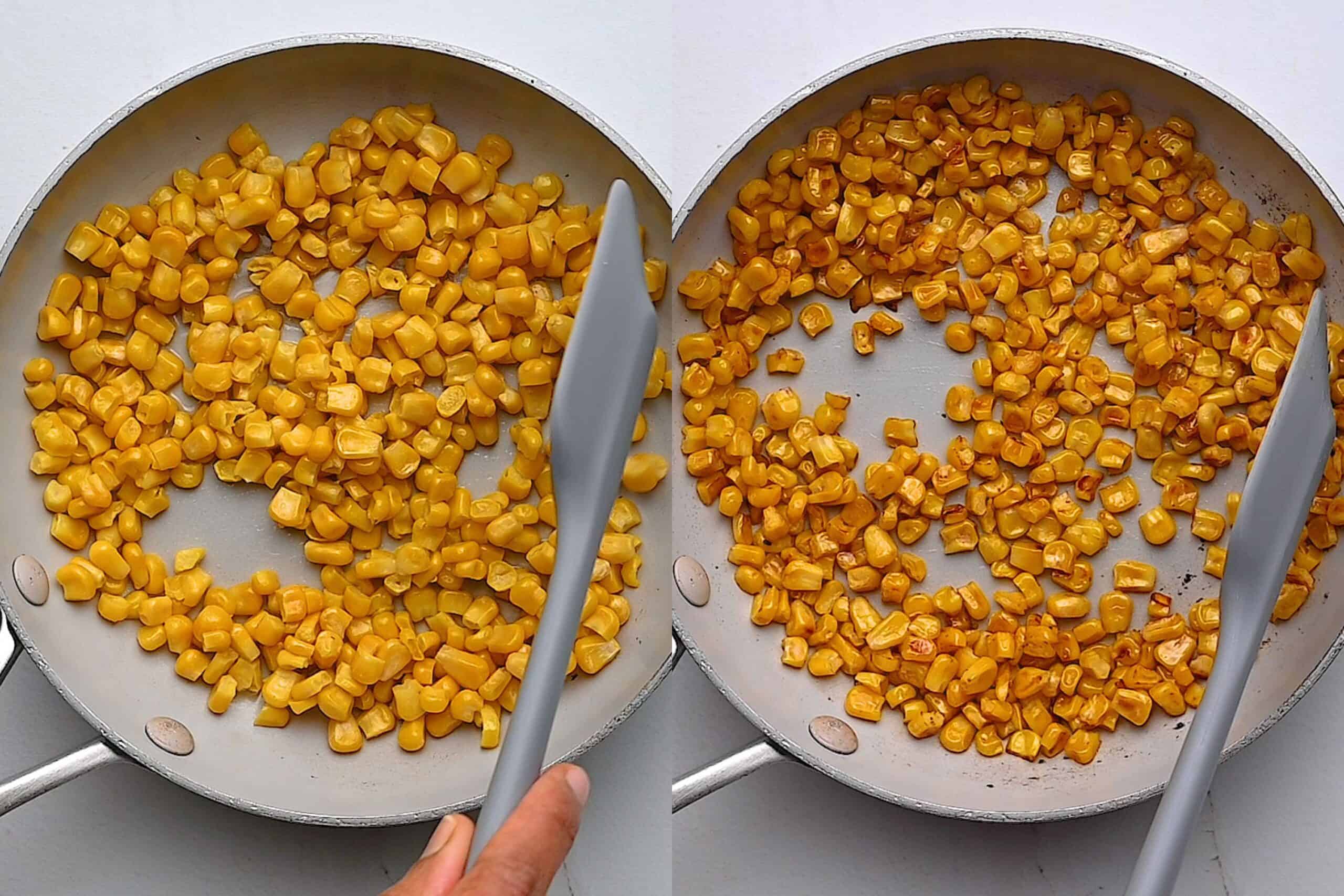 Corn kernels roasting in a pan on the stovetop, turning golden brown and slightly charred.