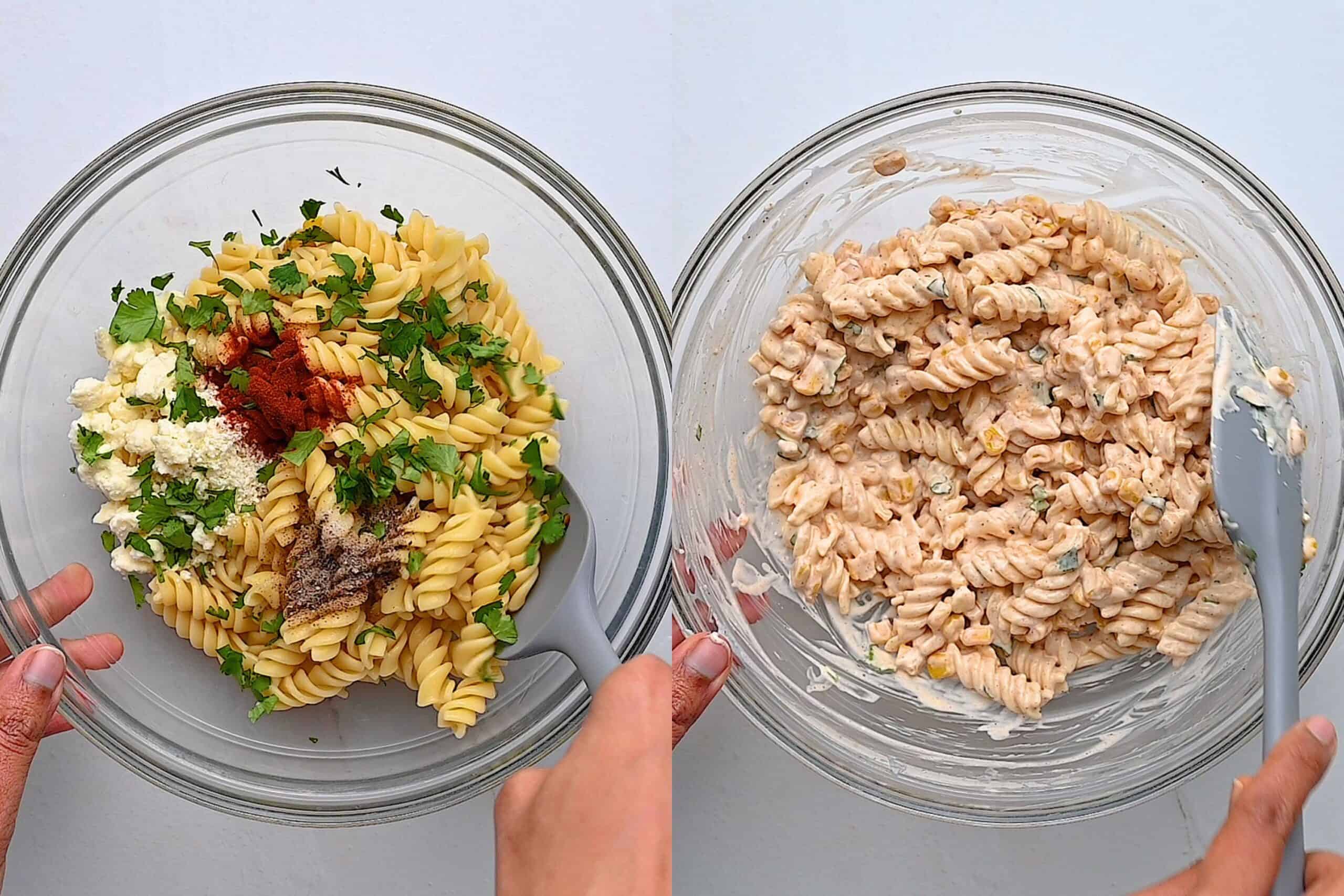 A large bowl with cooked pasta, roasted corn, mayonnaise, lime juice, cotija cheese, chili powder, and smoked paprika being mixed.