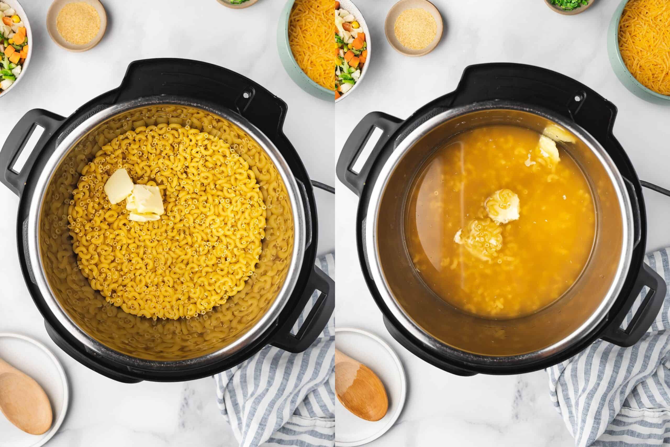 Elbow macaroni, salted butter, chicken broth, and salt in the Instant Pot