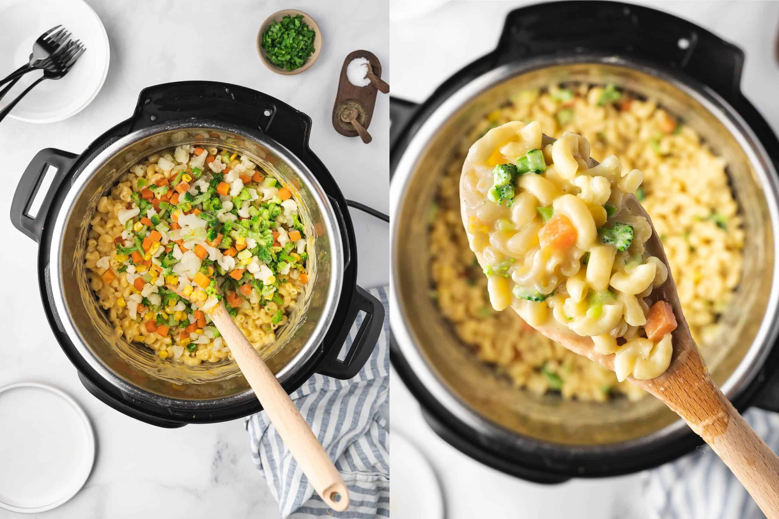 Adding mixed vegetables to the Instant Pot mac and cheese and letting it rest