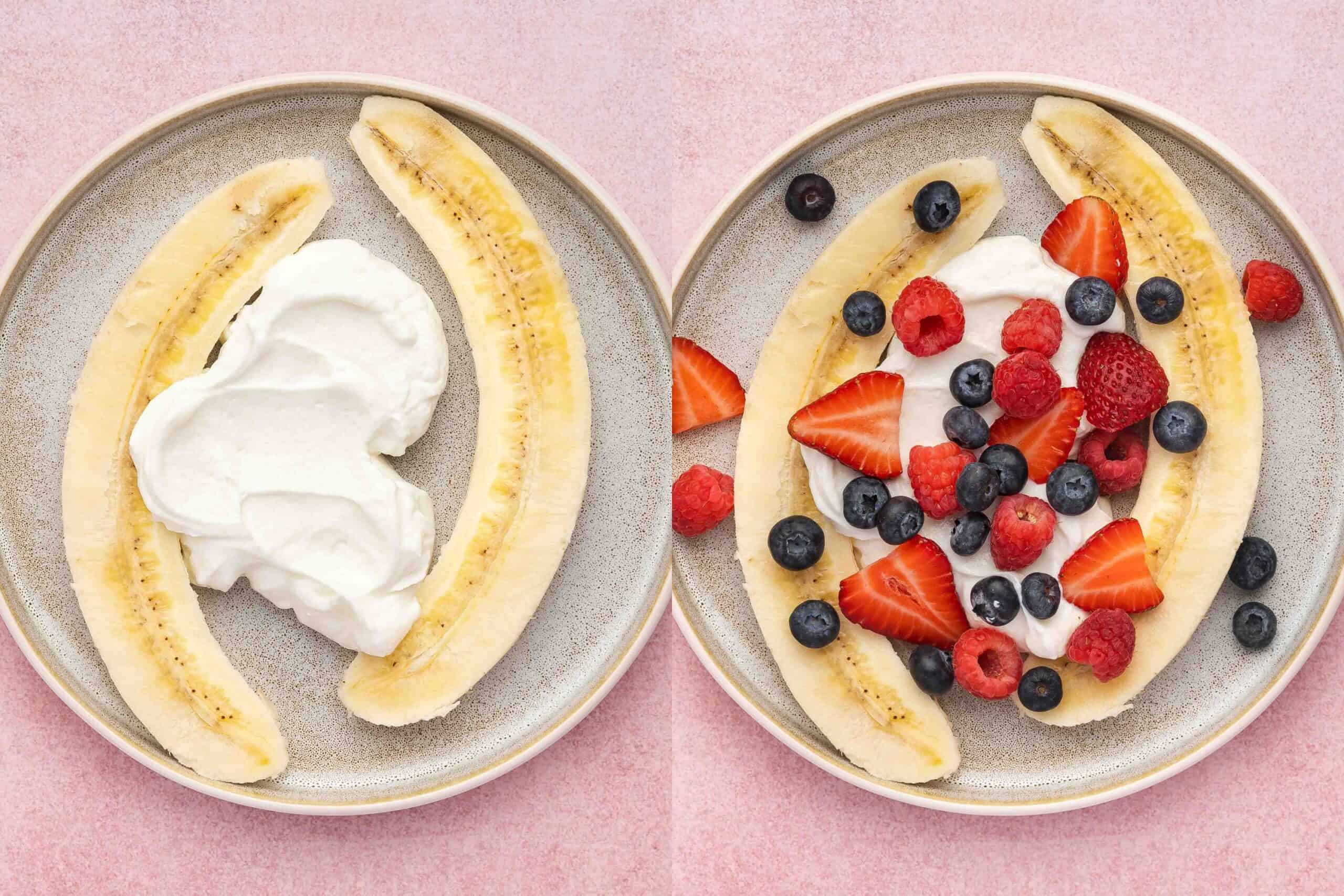 Greek yogurt scooped over banana halves, topped with fresh raspberries, blueberries, and strawberries.
