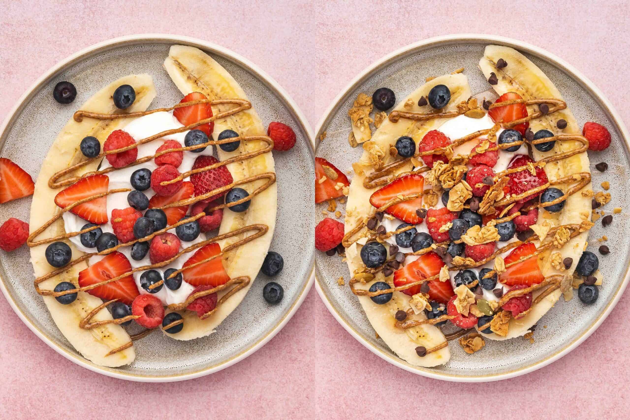 Drizzling almond butter and maple syrup over the yogurt banana split, topped with granola and chocolate chips.
