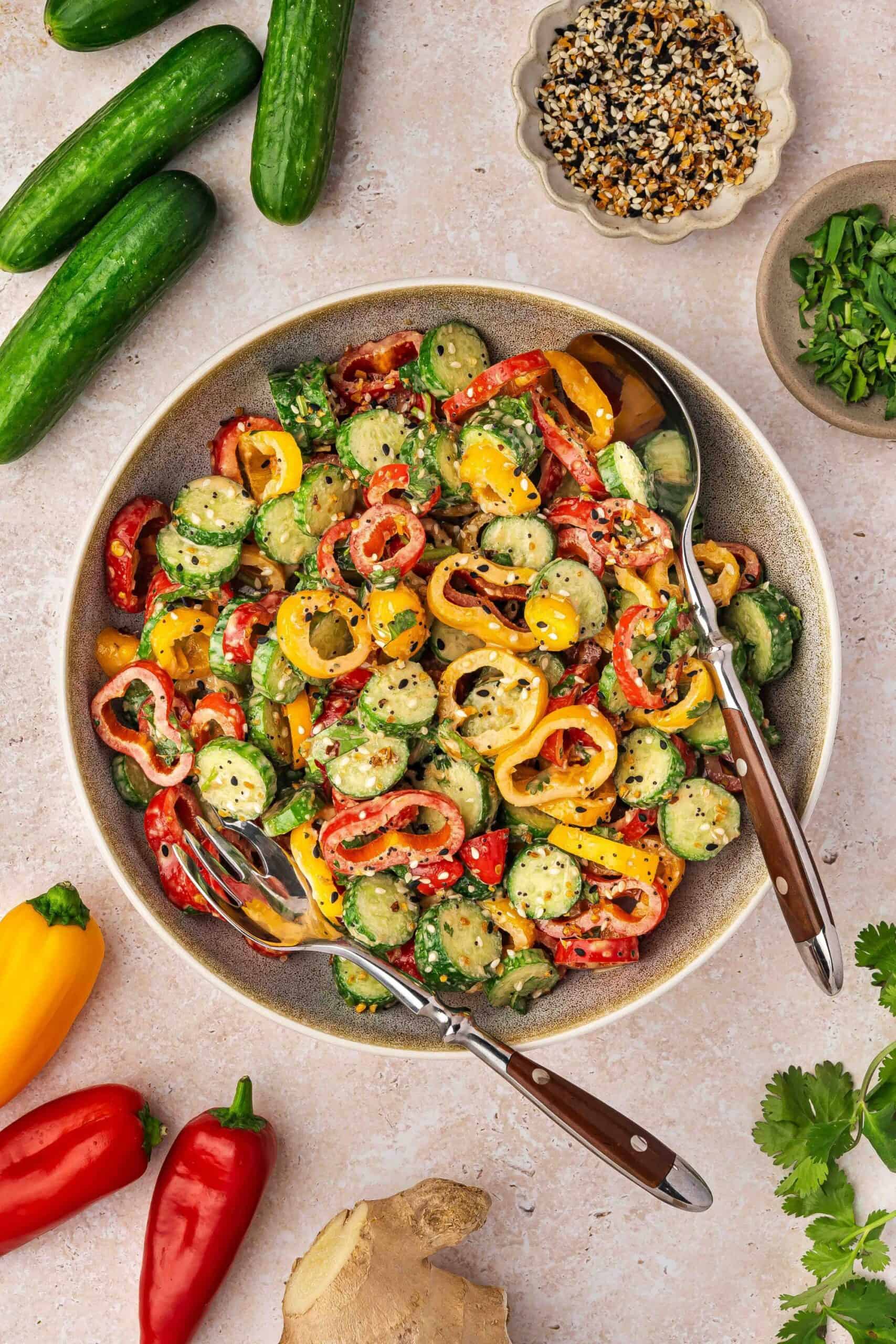 Sliced cucumber and mini sweet peppers tossed in soy ginger dressing