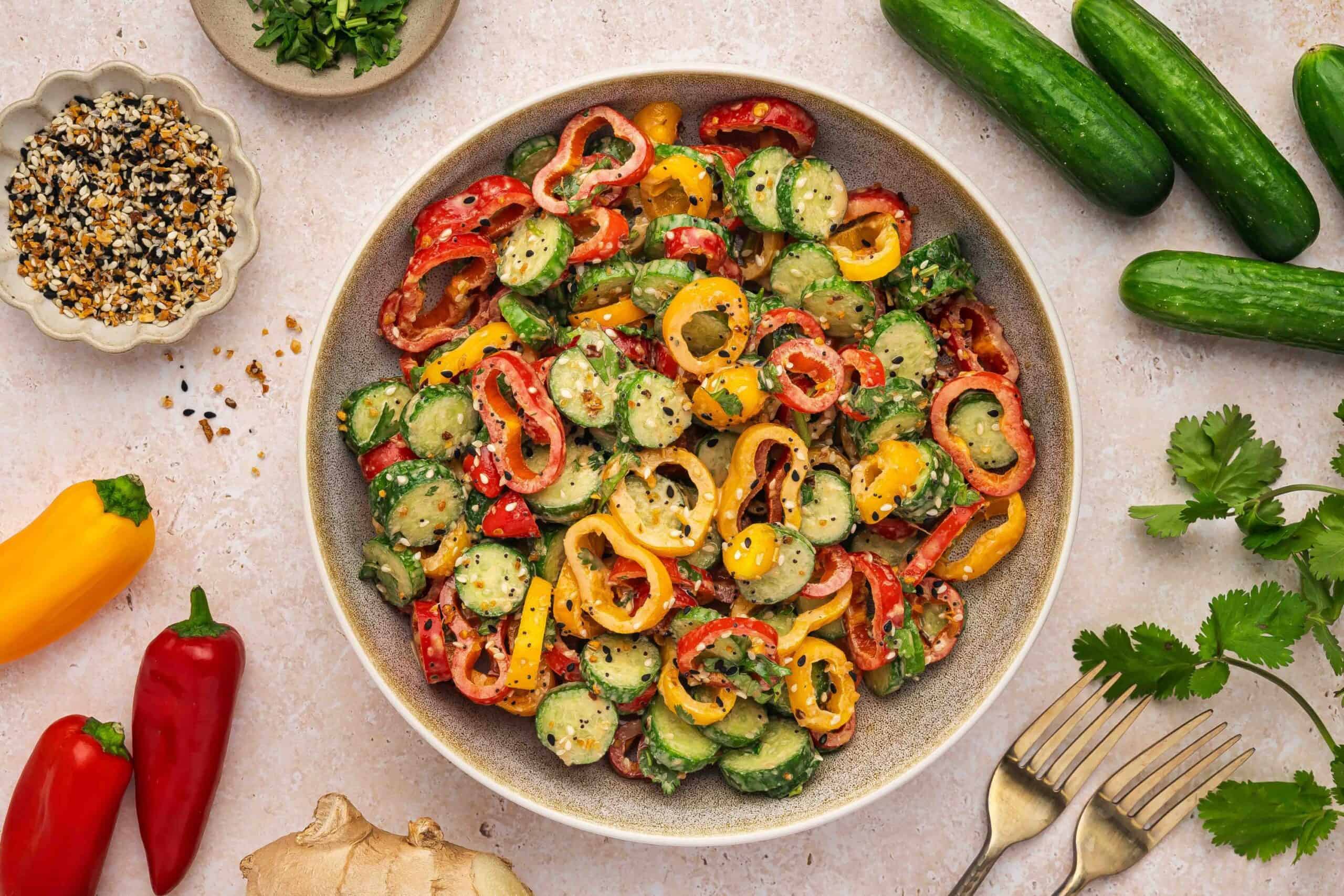 Healthy cucumber salad with mini bell peppers and ginger soy dressing
