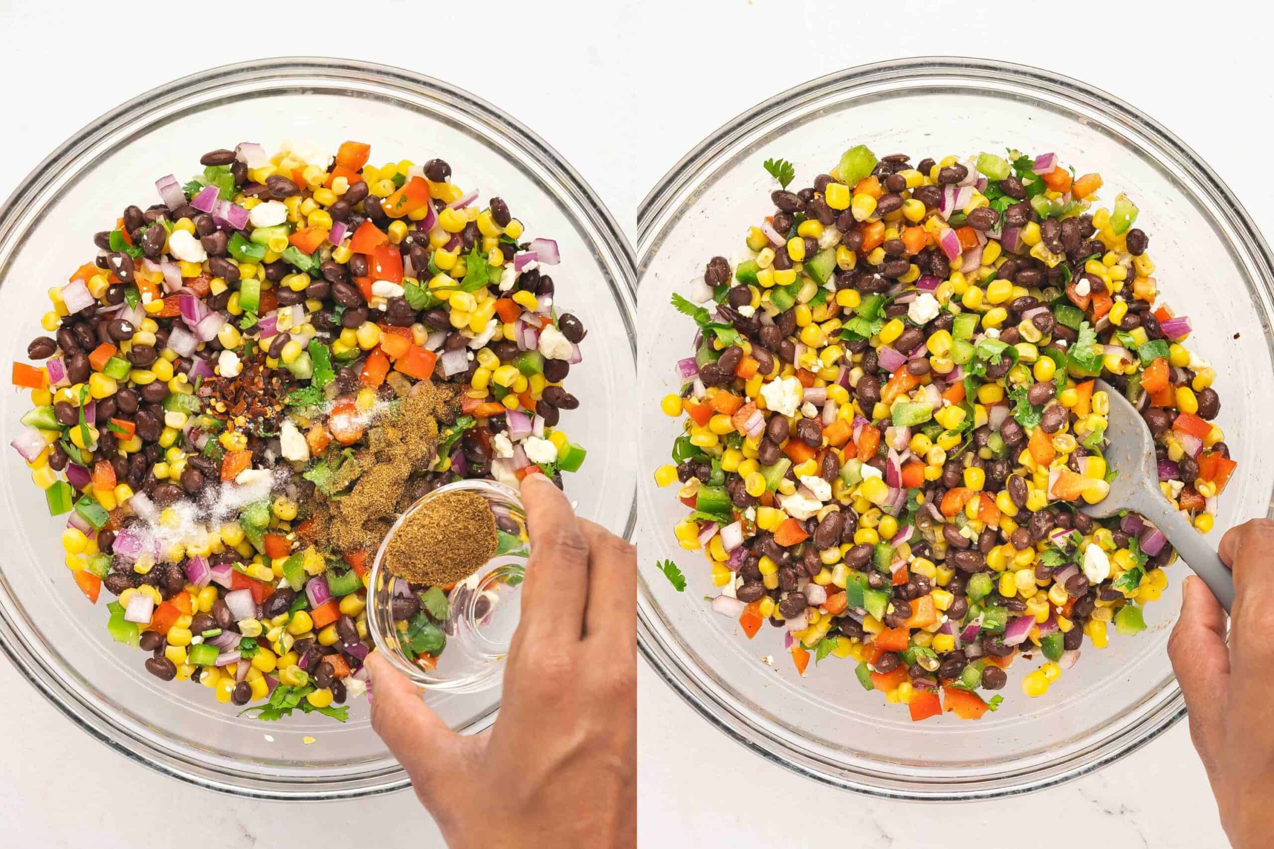 Mixed black bean and corn dip with feta and bell peppers, ready to serve or chill.