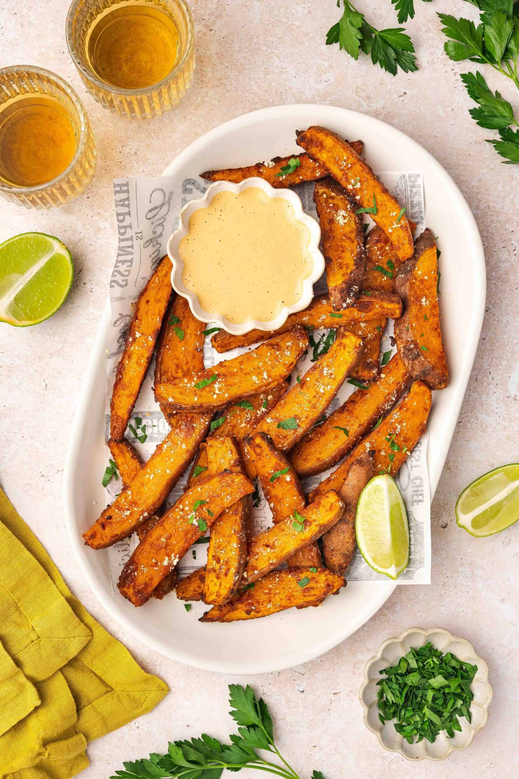 Air fryer sweet potato wedges arranged with chipotle dipping sauce