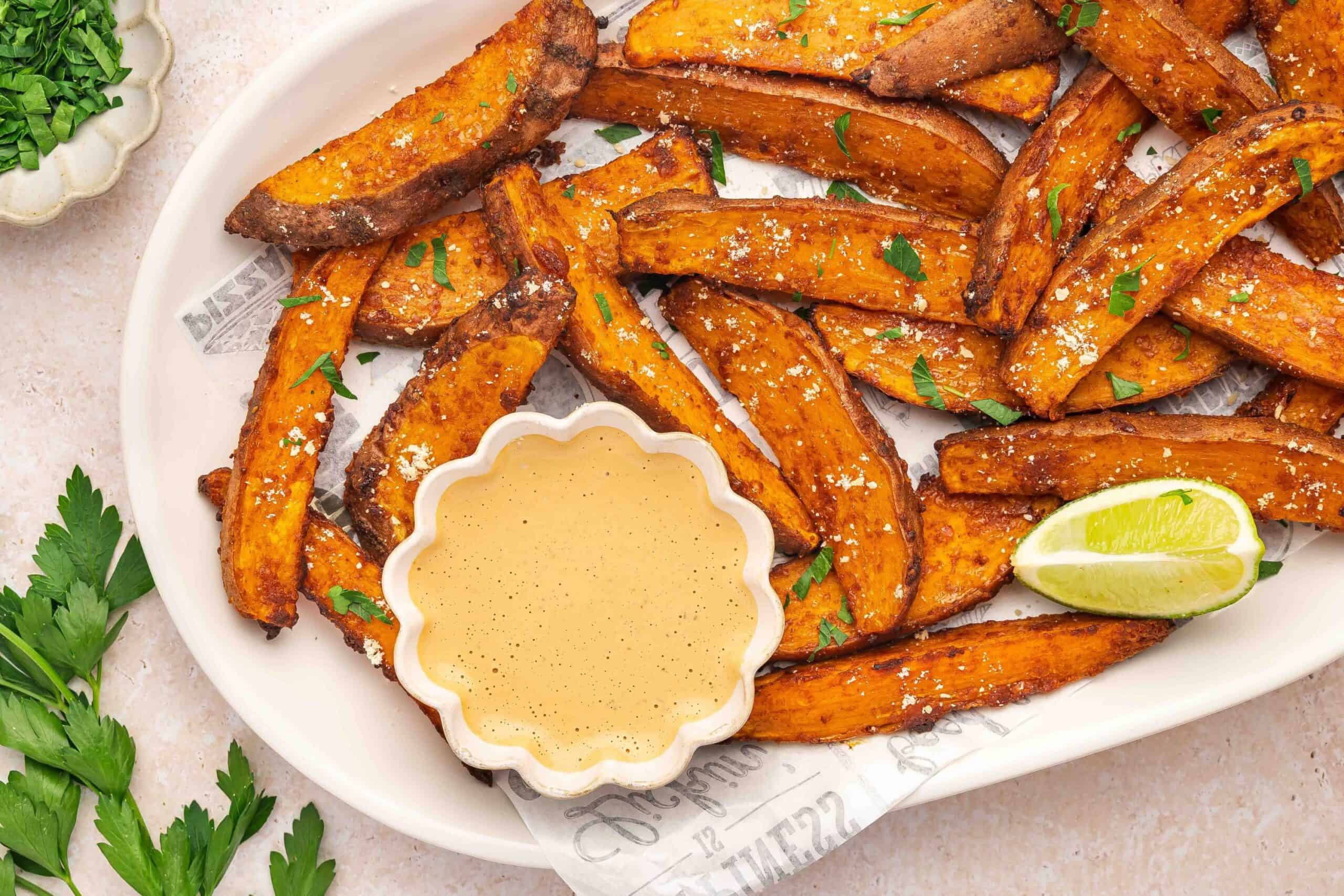 Air fryer sweet potato wedges with chipotle dipping sauce in a small bowl