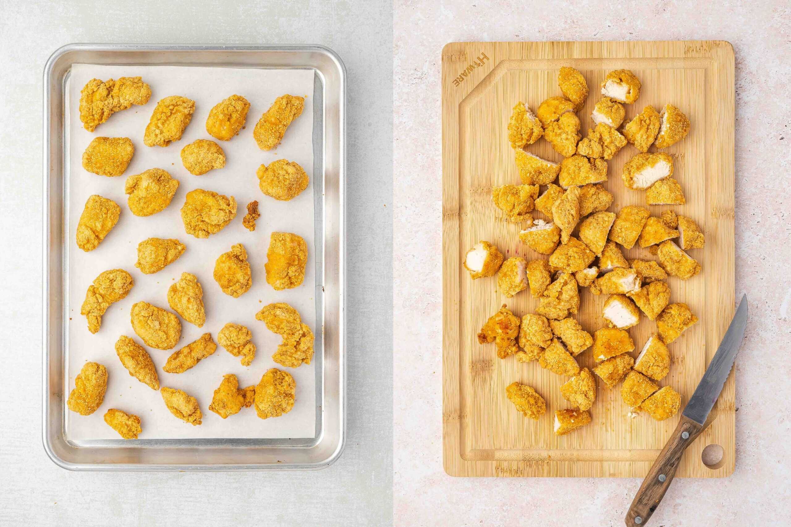 Baked chicken nuggets on a cutting board being chopped into bite-sized pieces