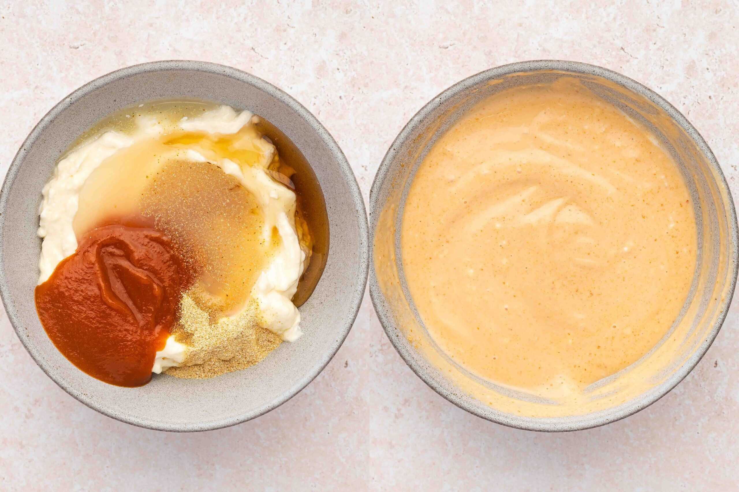 Mixing sriracha, mayo, sour cream, lime juice, and seasonings in a bowl with a spoon