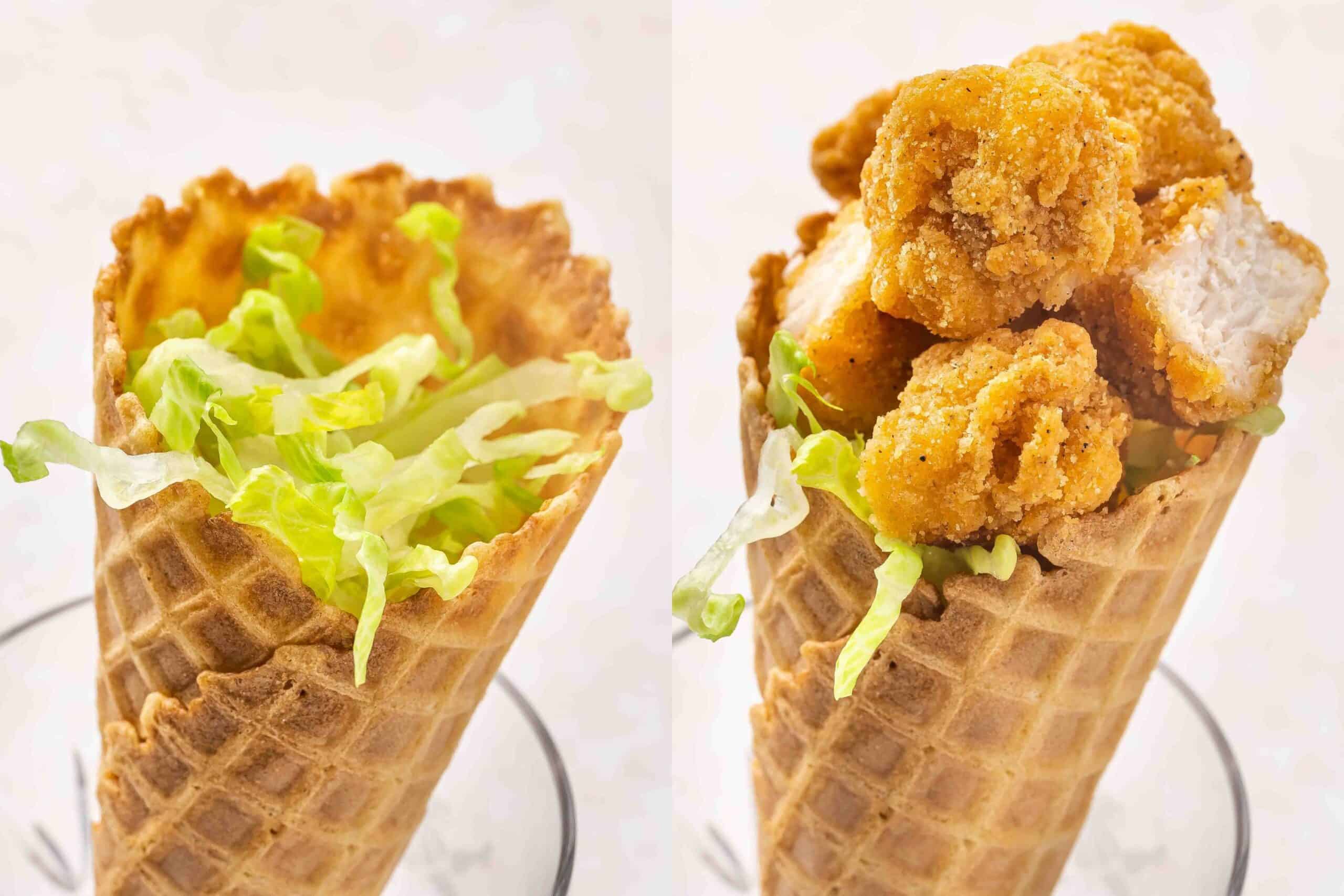 Assembling a chicken waffle cone with lettuce, chopped chicken, creamy sauce, and cilantro garnish