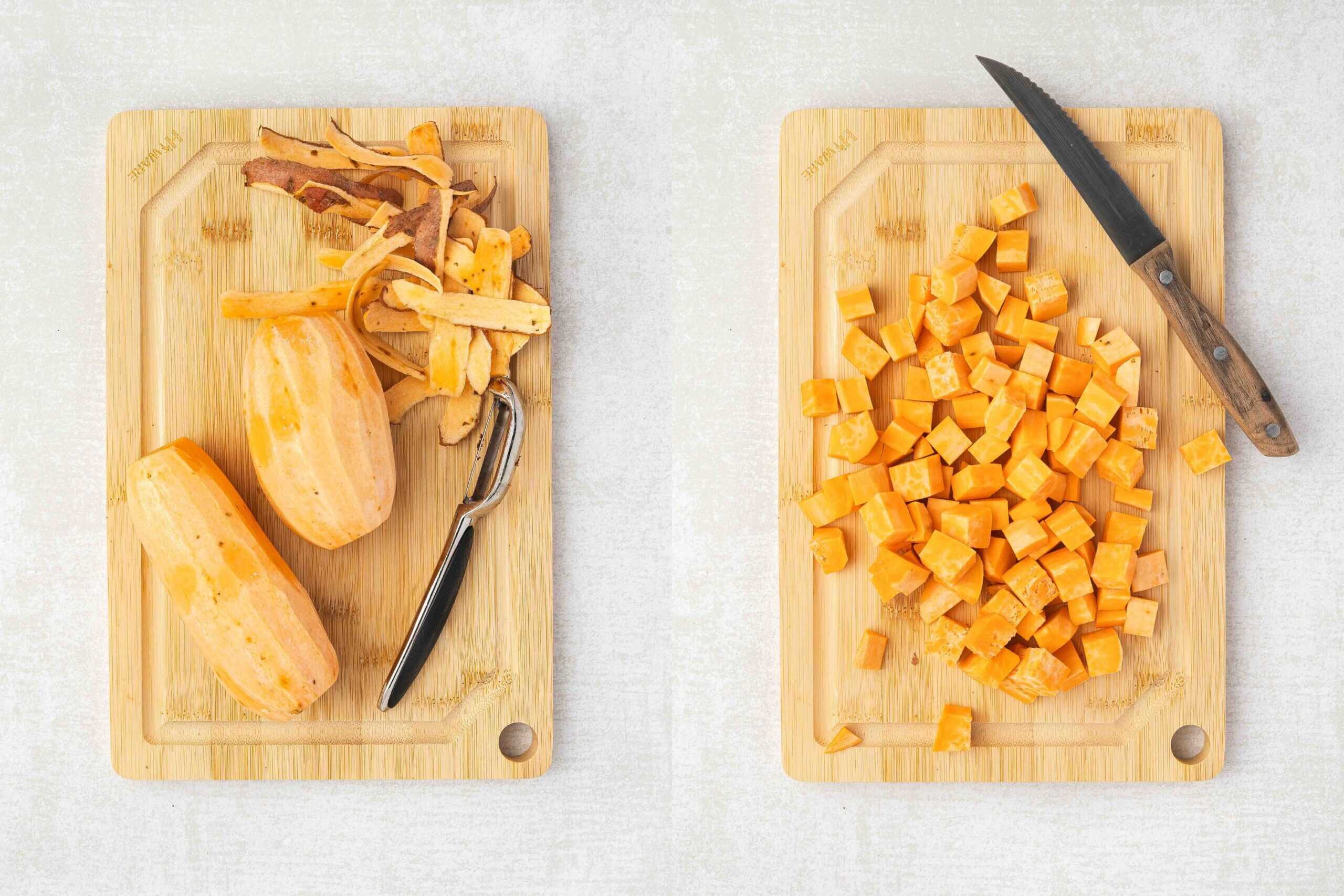 Peeled sweet potatoes cut into ½-inch cubes ready for roasting.