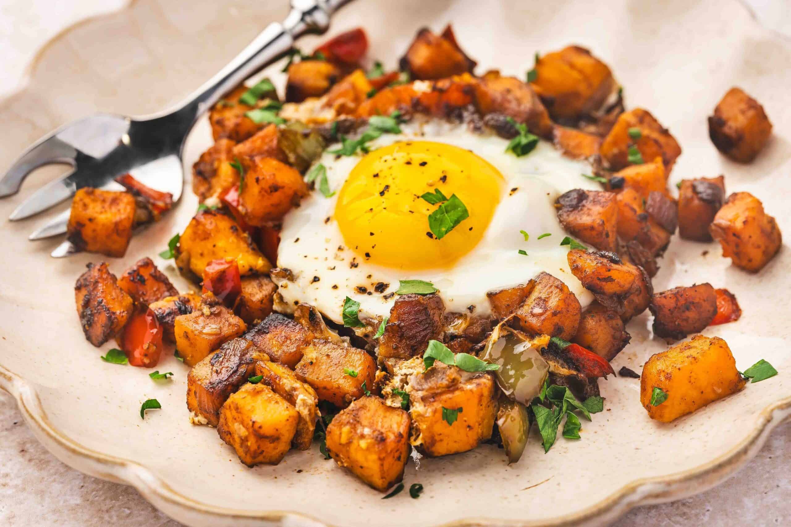 Side angle of a plate with sweet potato breakfast hash topped with a sunny-side-up egg and fresh parsley