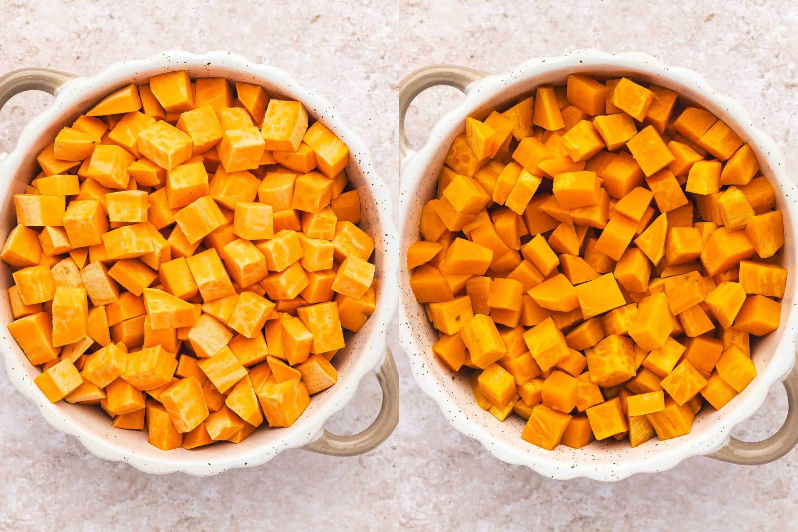 Diced sweet potatoes in a microwave-safe bowl being microwaved to soften
