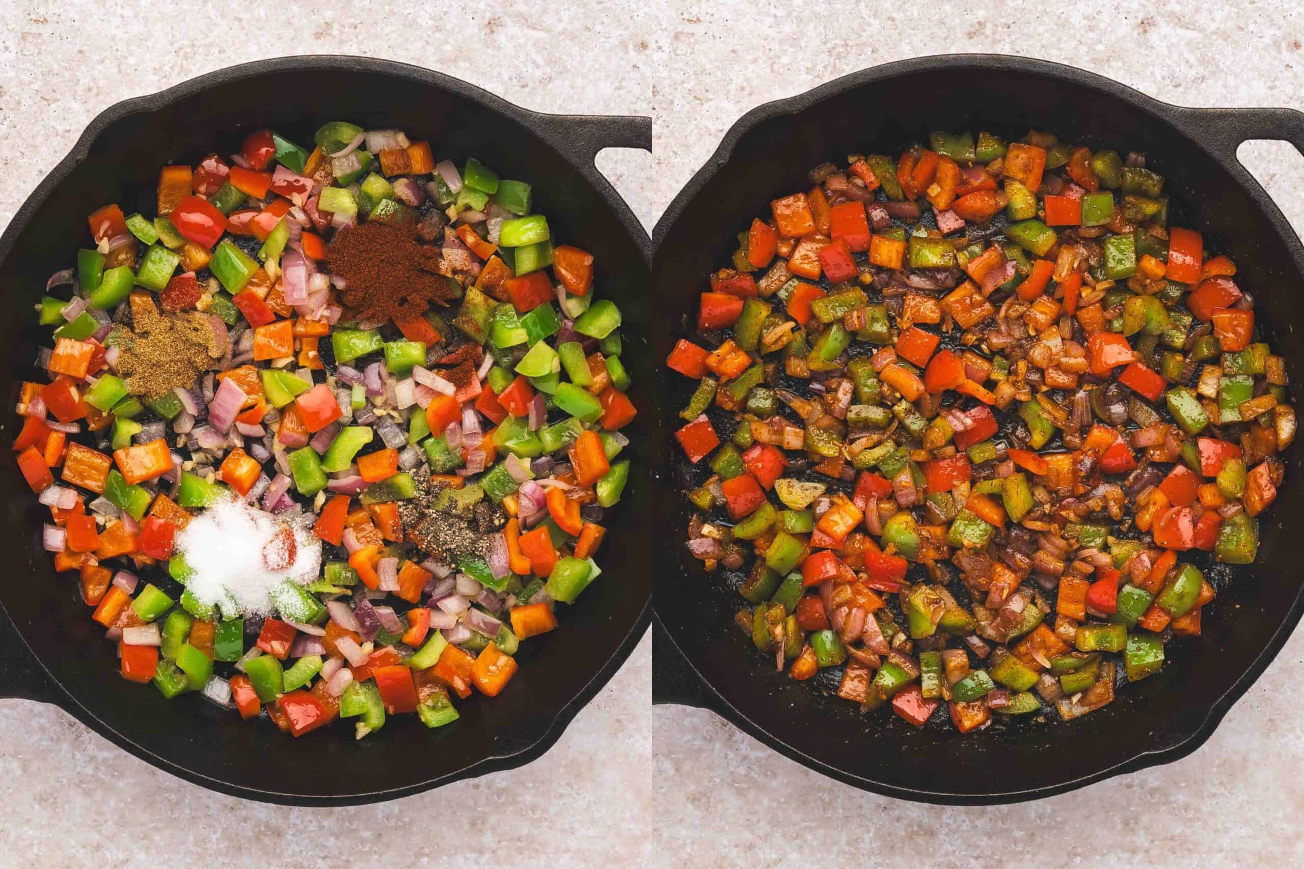 Chopped onion, garlic, and bell peppers sautéing in a skillet with spices