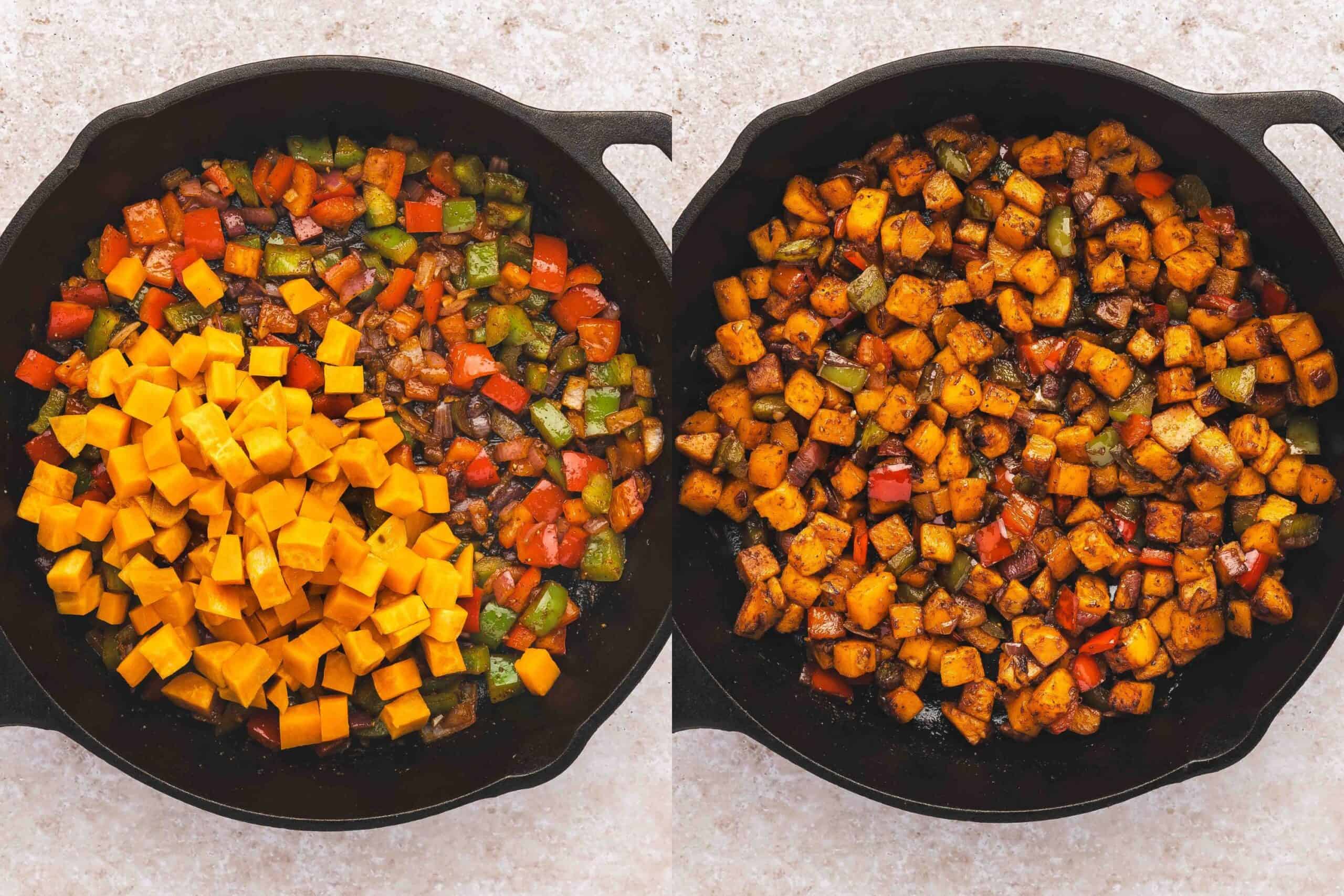 Sweet potatoes added to the skillet cooking until golden and crispy