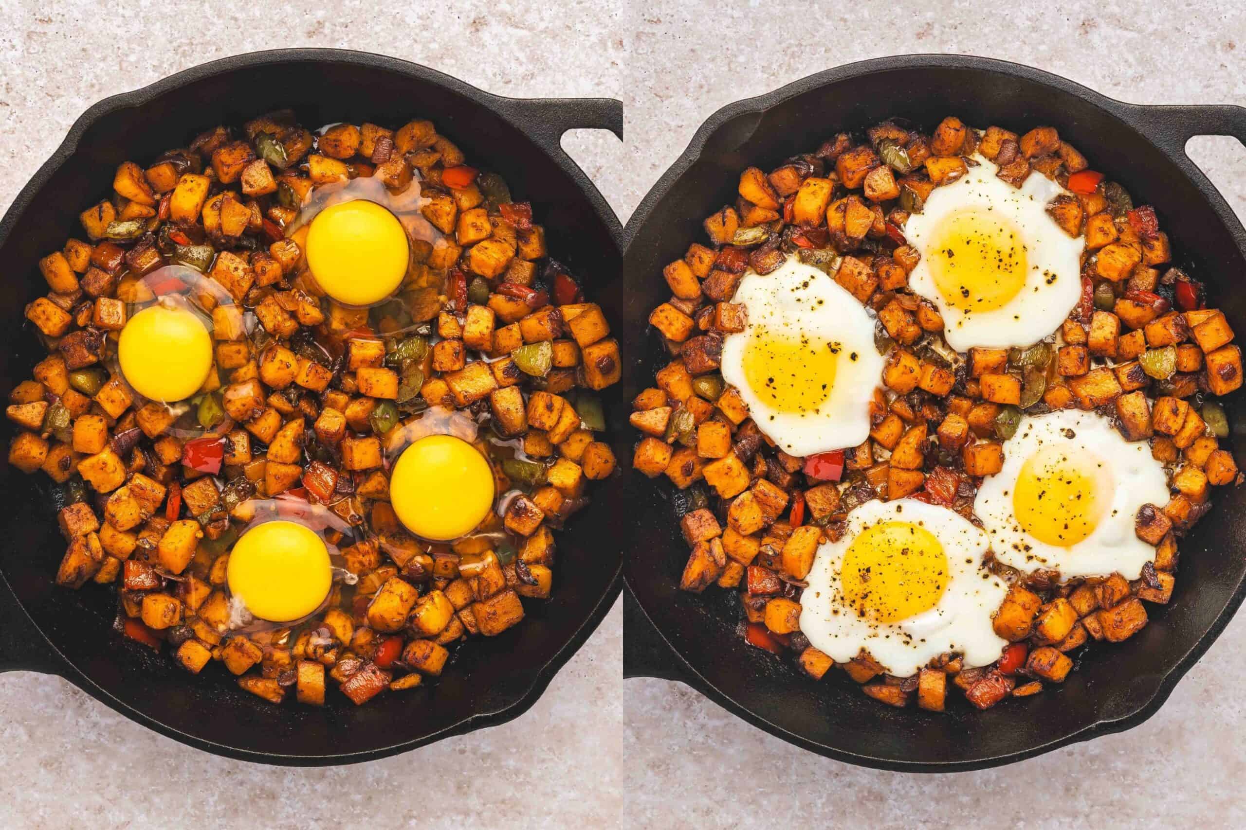 Small wells made in the hash with eggs cracked inside cooking covered on stove