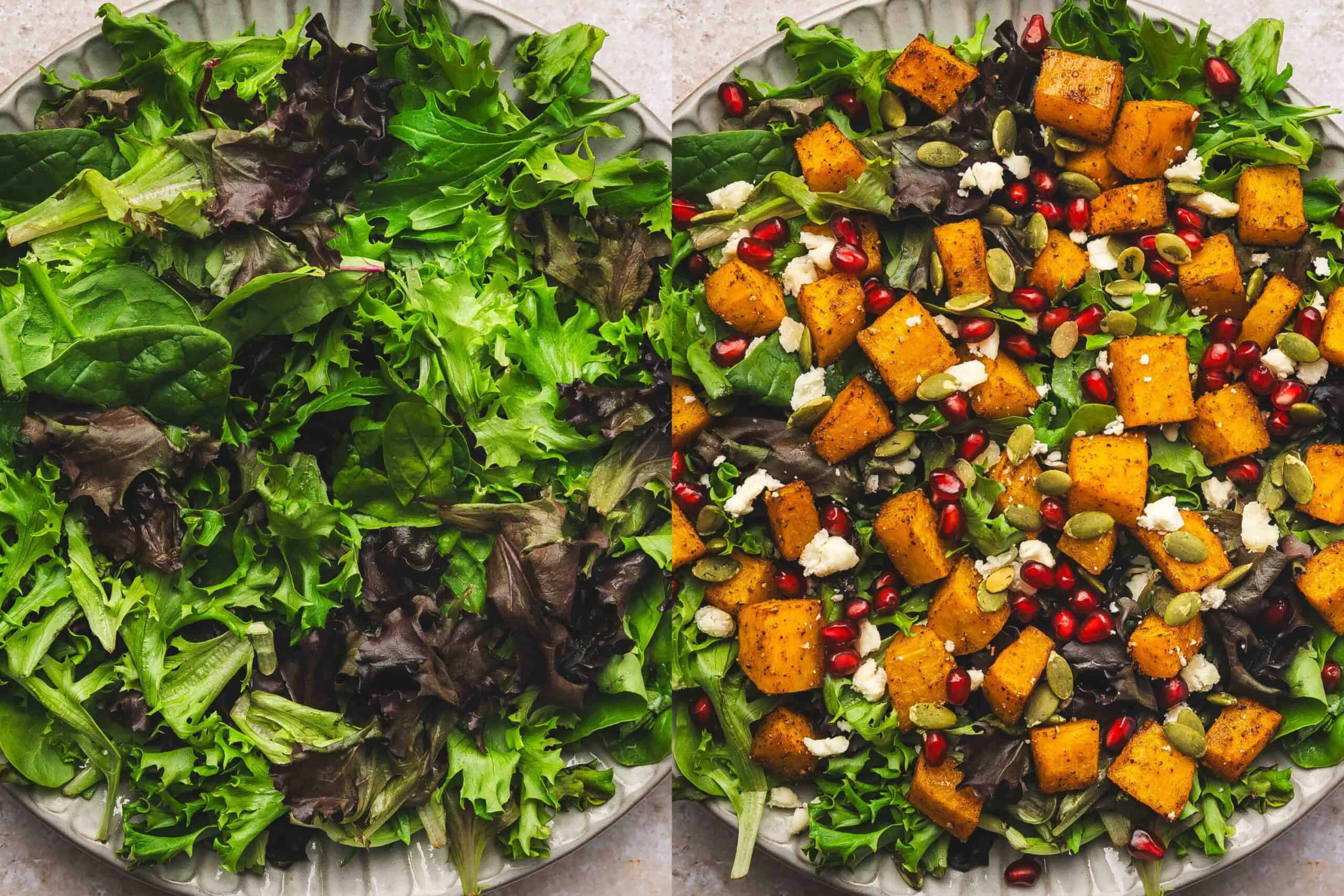 Layered salad with greens, roasted butternut squash, pomegranate seeds, feta, and pumpkin seeds, drizzled with dressing