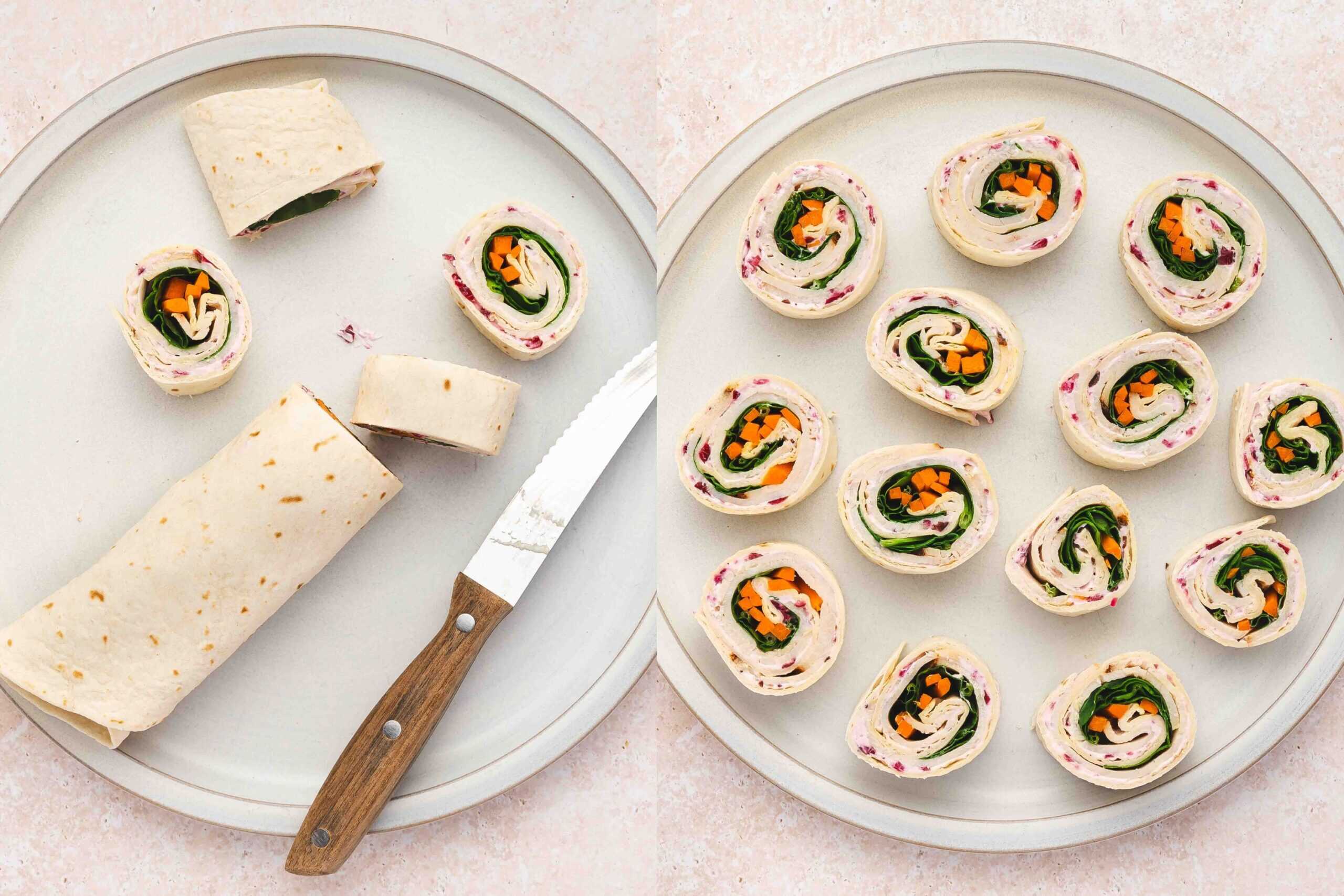 Sliced turkey roll-ups into 1–1.5 inch pinwheels arranged on a serving platter.