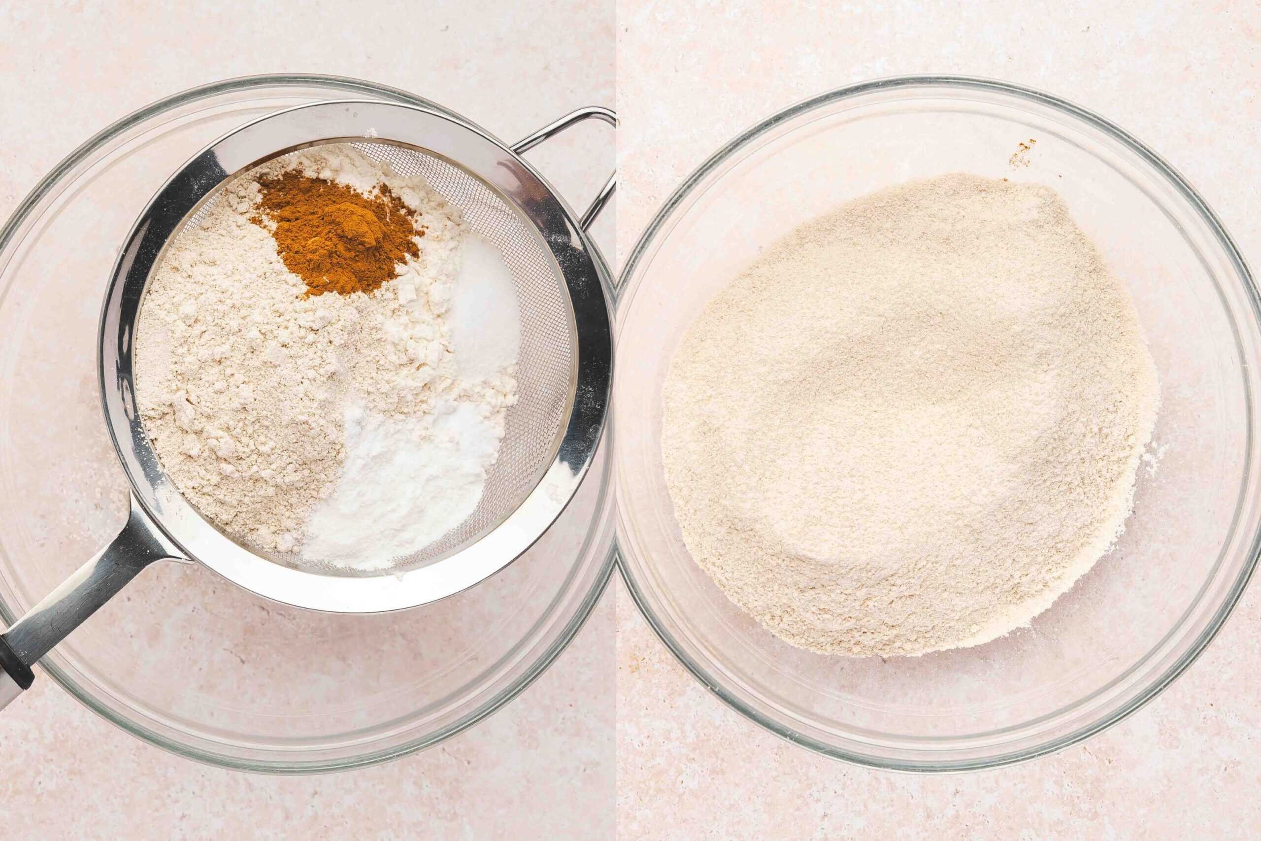 Whisking all-purpose and oat flour with baking powder, soda, salt, and cinnamon