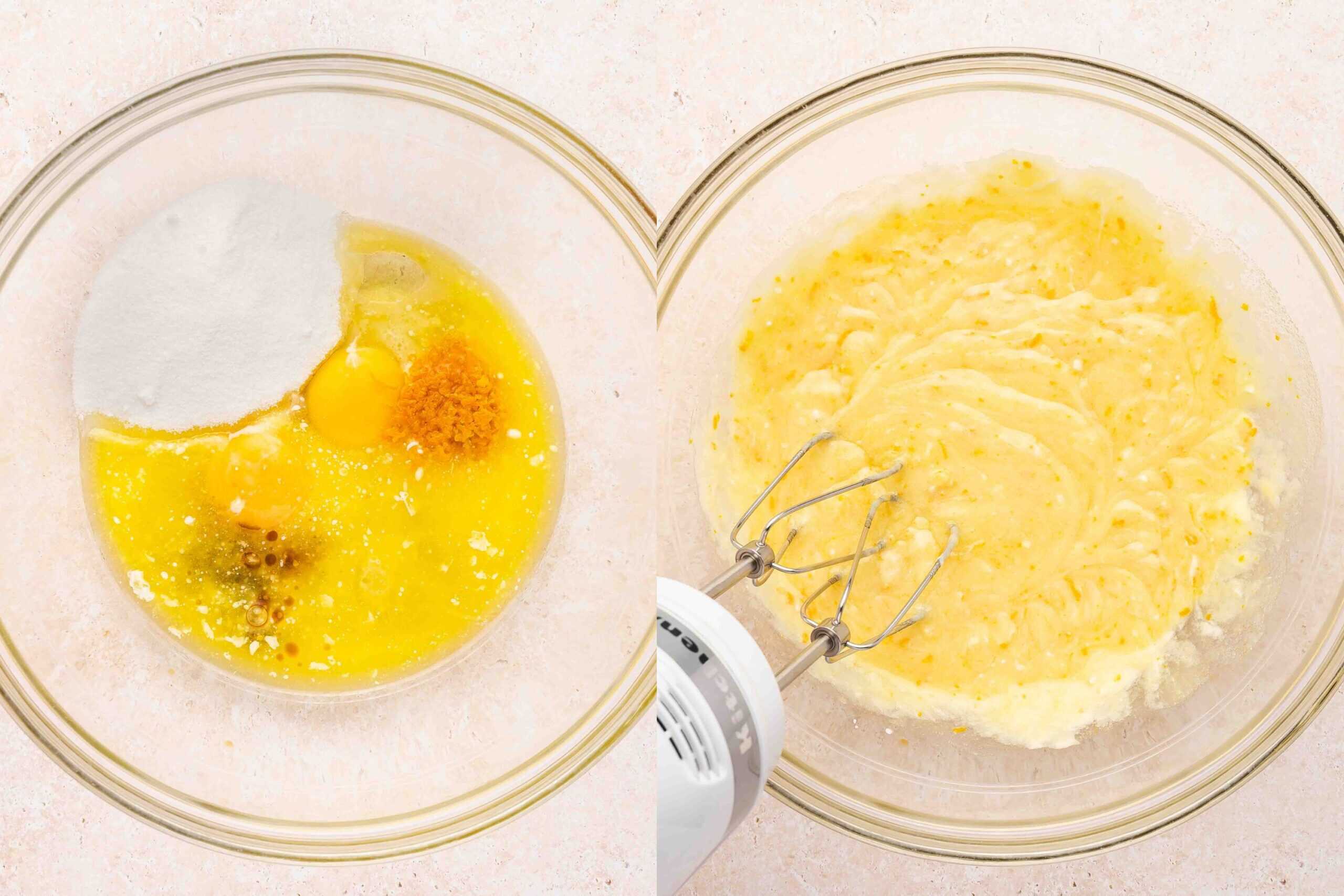 Whisking melted butter, sugar, eggs, orange zest, and vanilla in a large bowl