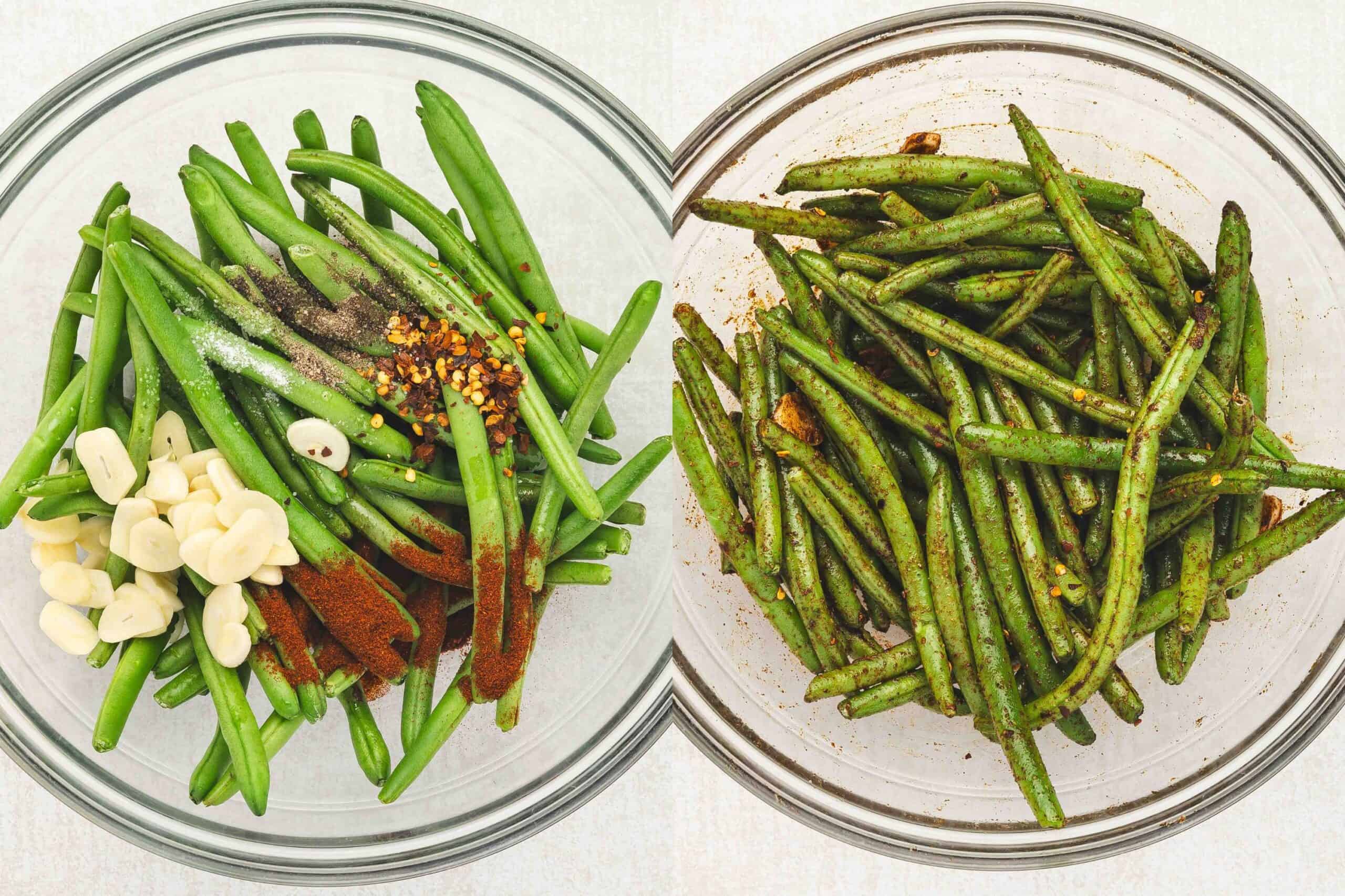 Green beans tossed with olive oil, garlic, paprika, and red pepper flakes on a parchment-lined baking sheet, ready to roast.