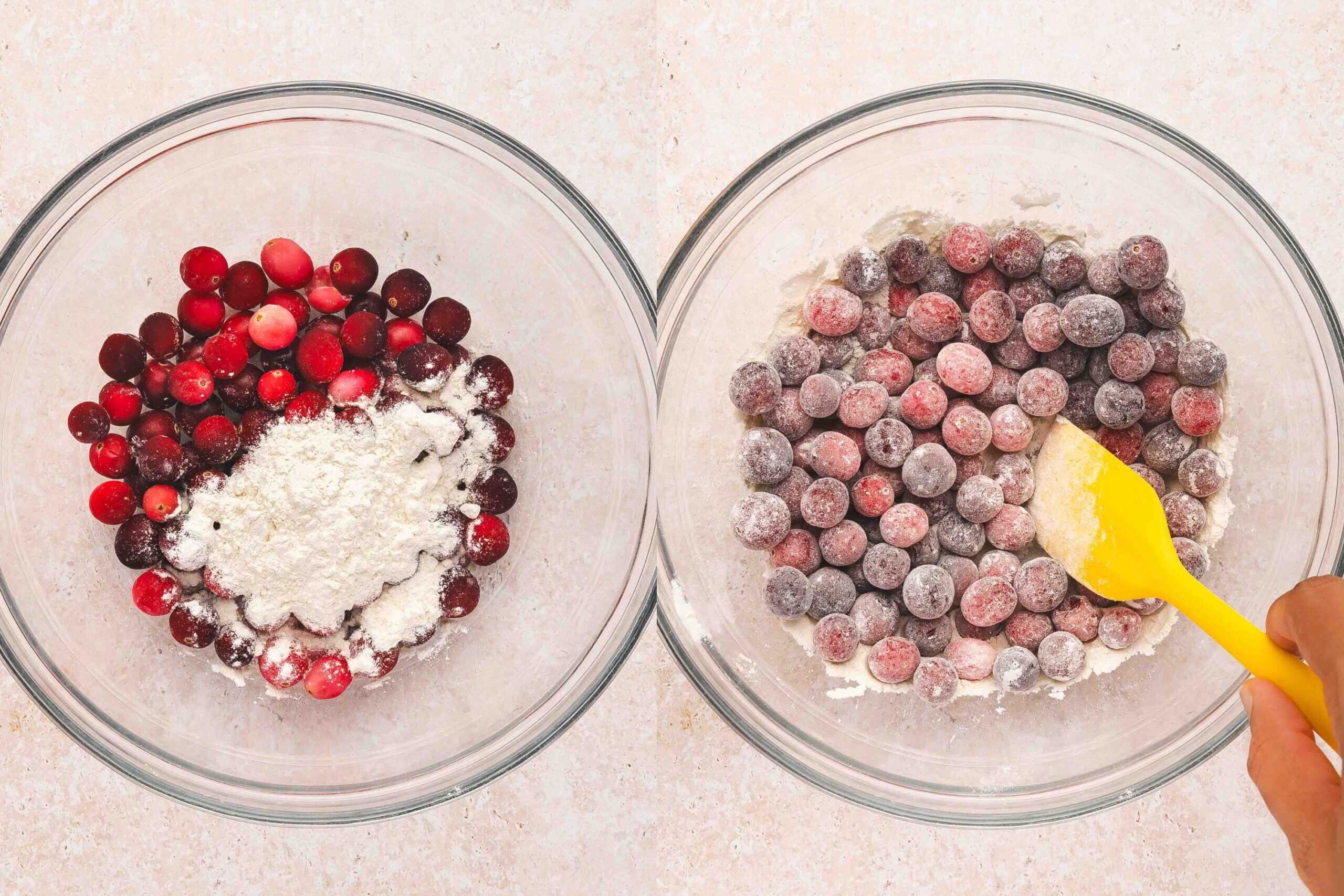 Tossing frozen cranberries with flour in a small bowl