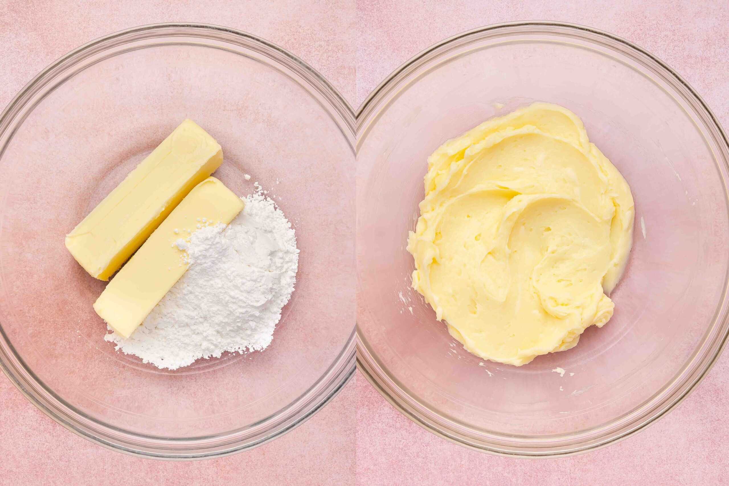 Beating butter and powdered sugar for buttery shortbread cookie dough.