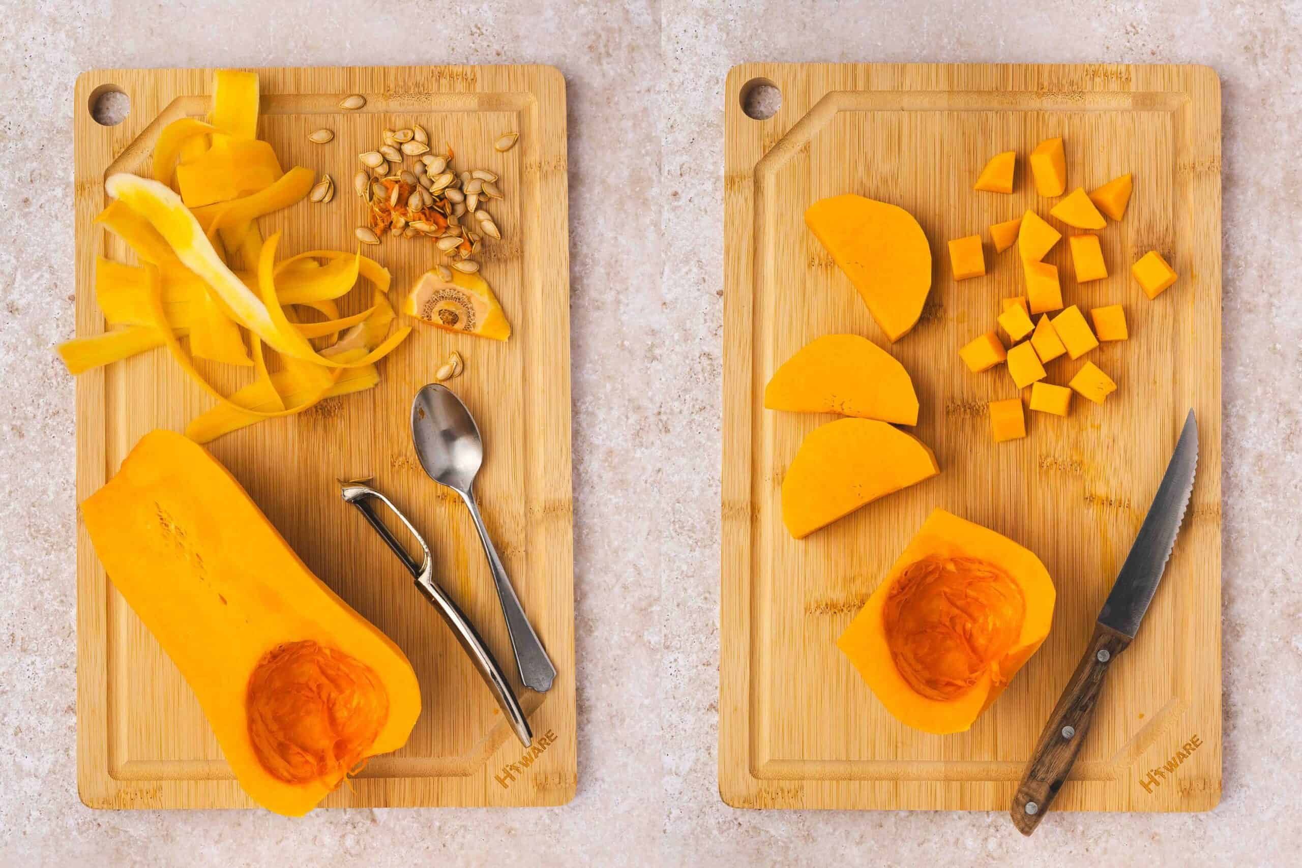Half butternut squash with ends cut off, peeled, seeds removed, and cut into 1-inch cubes on a cutting board