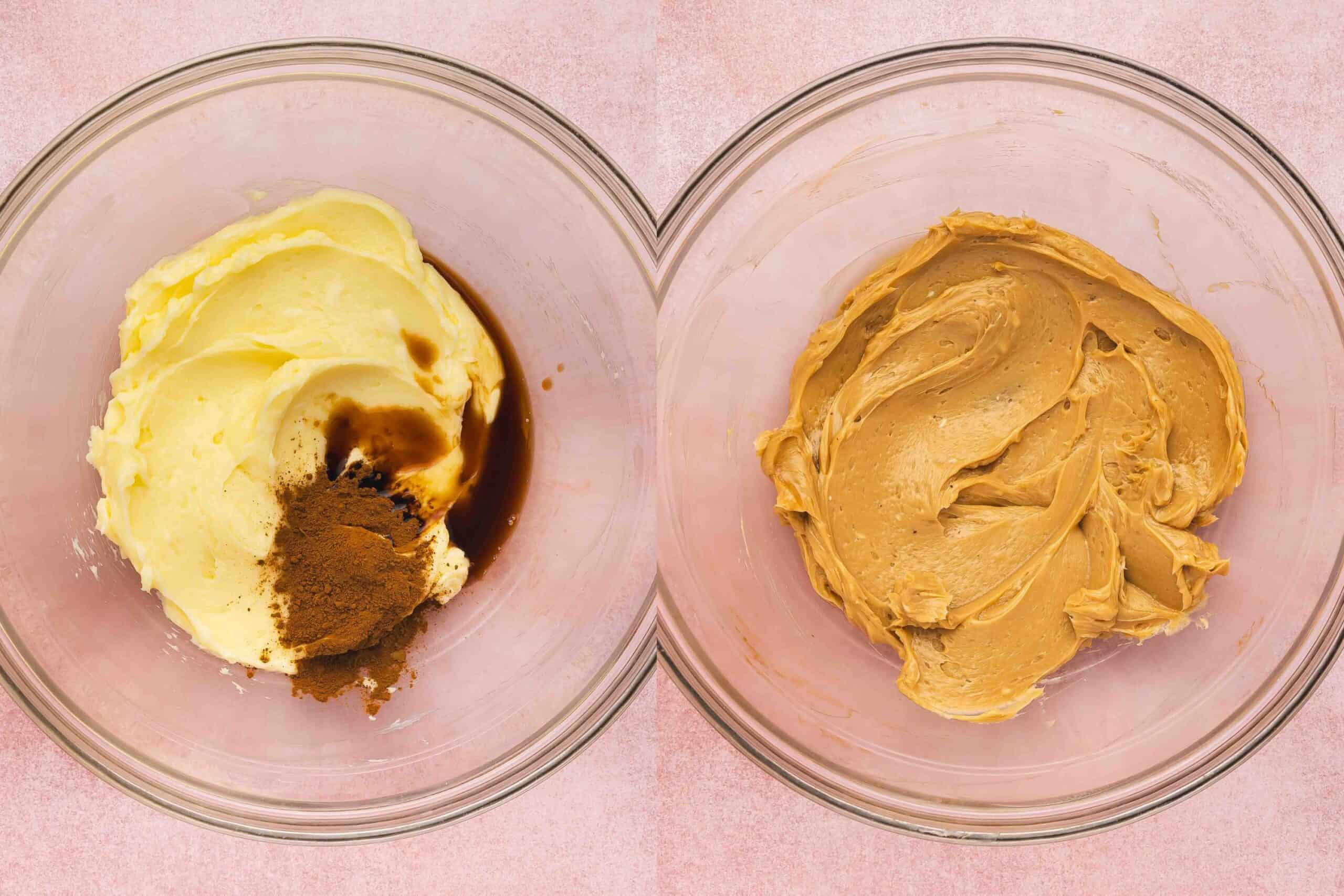 Stirring vanilla and espresso powder into buttery shortbread dough.