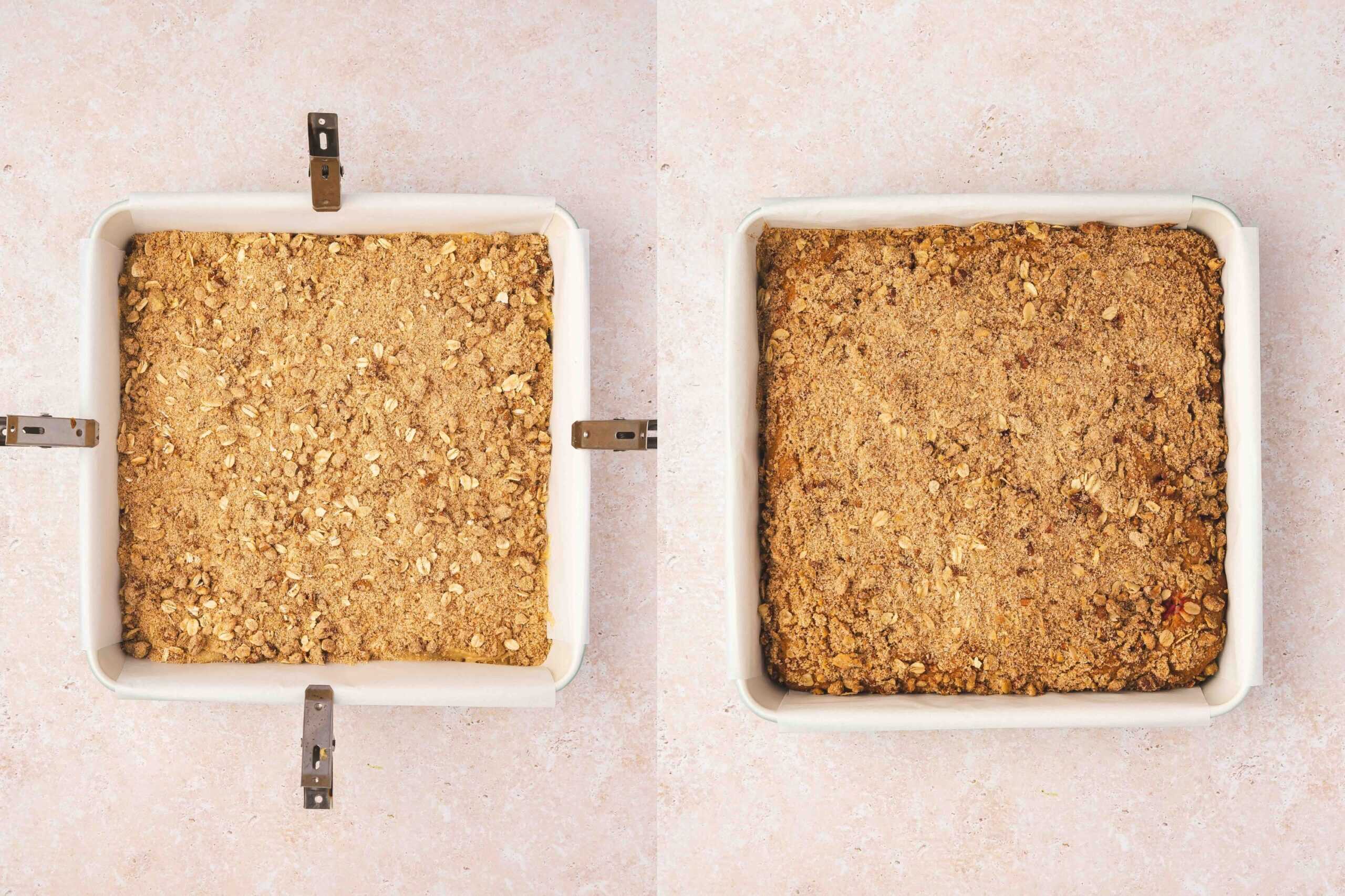 Pouring batter into the baking pan and adding streusel topping. Baked cranberry orange coffee cake cooling on a rack