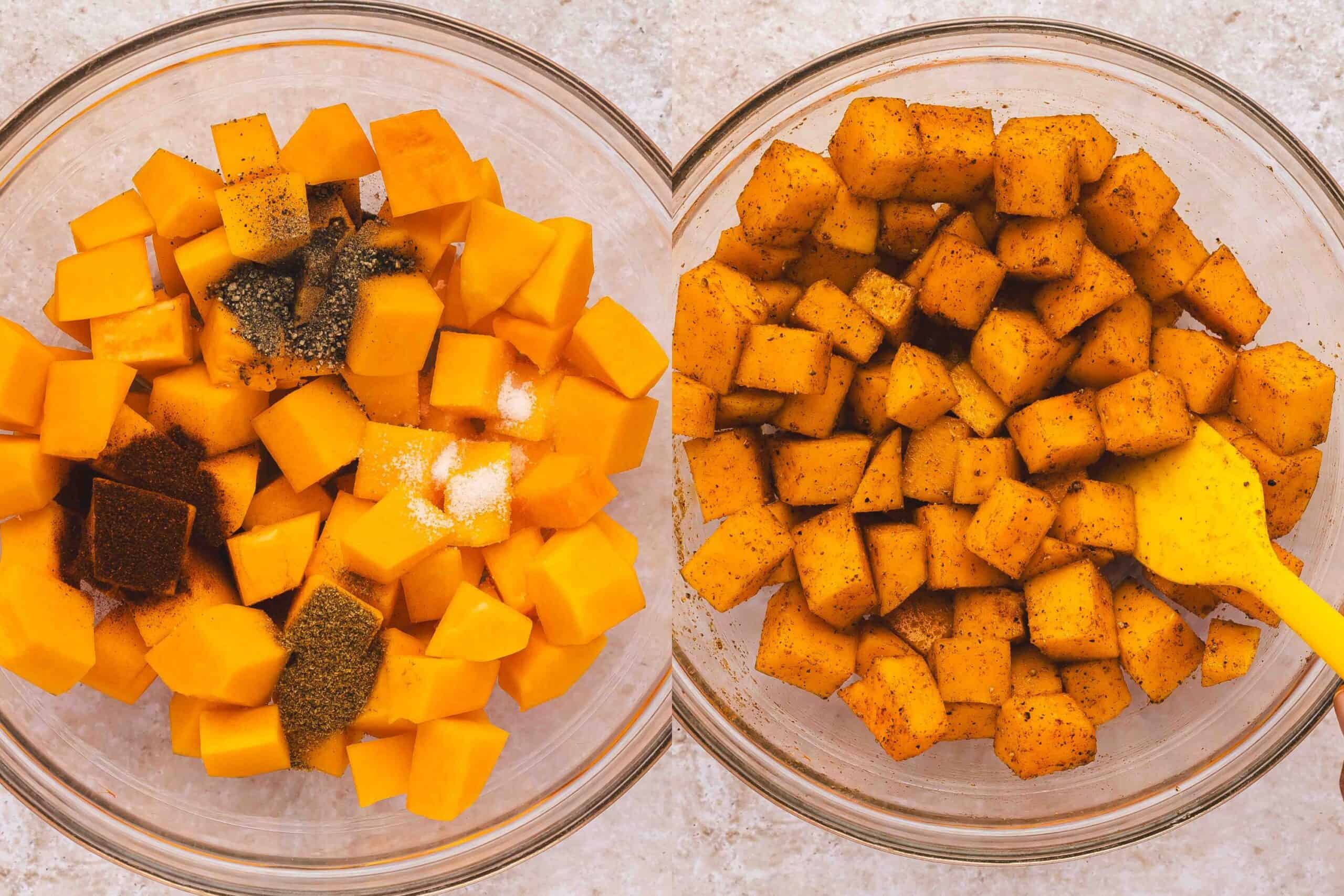 Butternut squash cubes in a bowl tossed with olive oil, smoked paprika, cumin, salt, and pepper