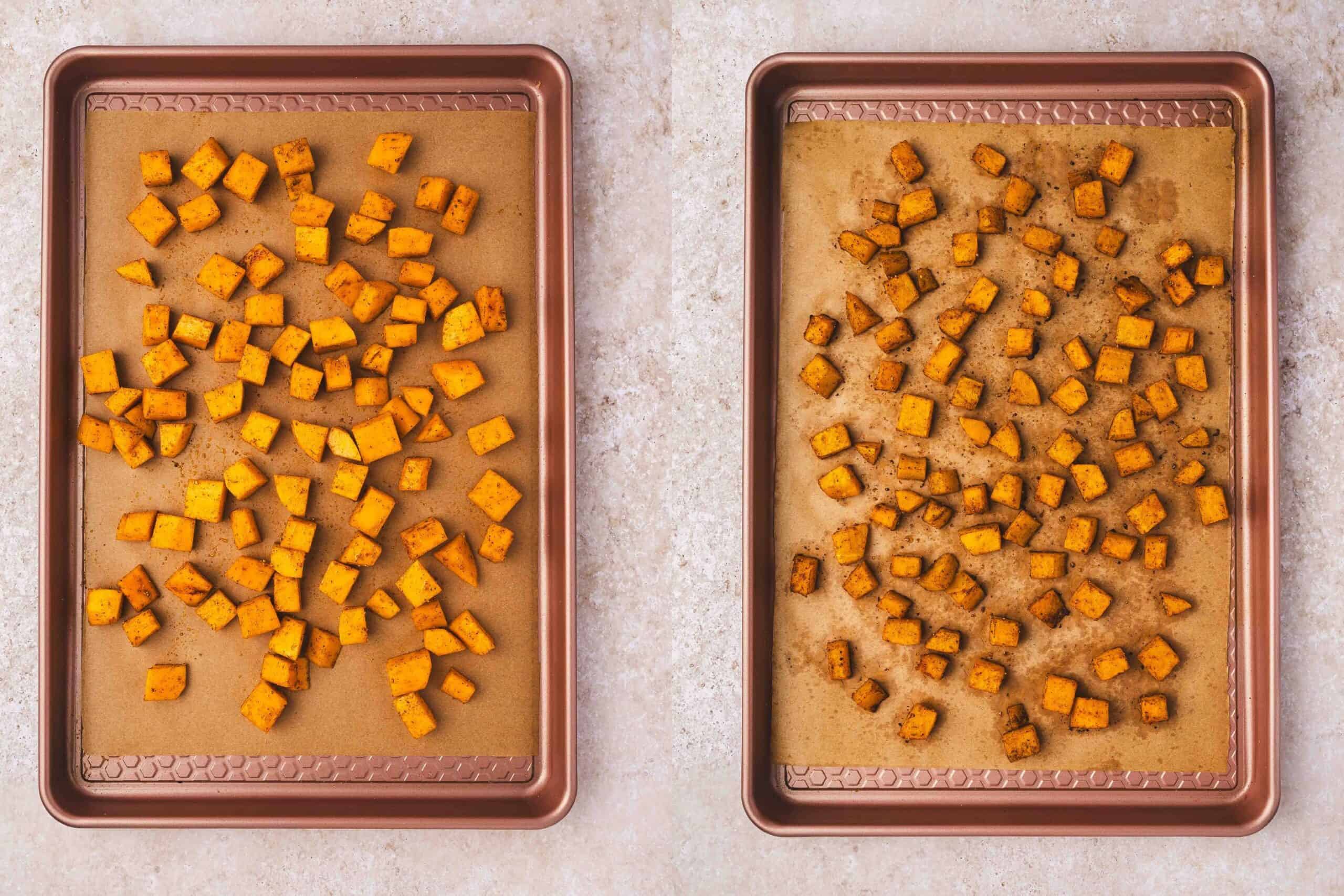 Spiced butternut squash cubes spread on a baking sheet ready to roast in the oven