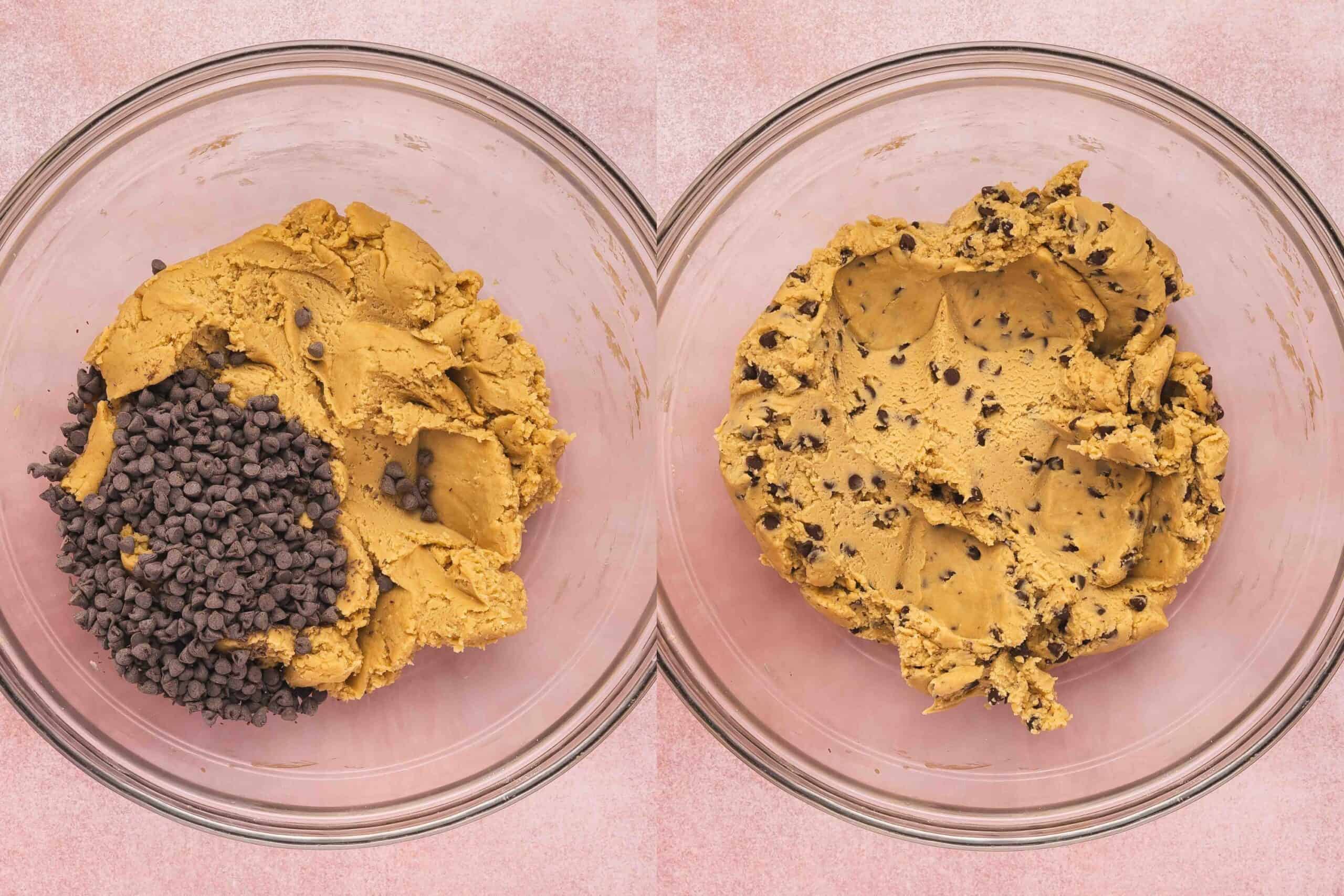 Folding chocolate chips into espresso shortbread cookie dough and chilling.